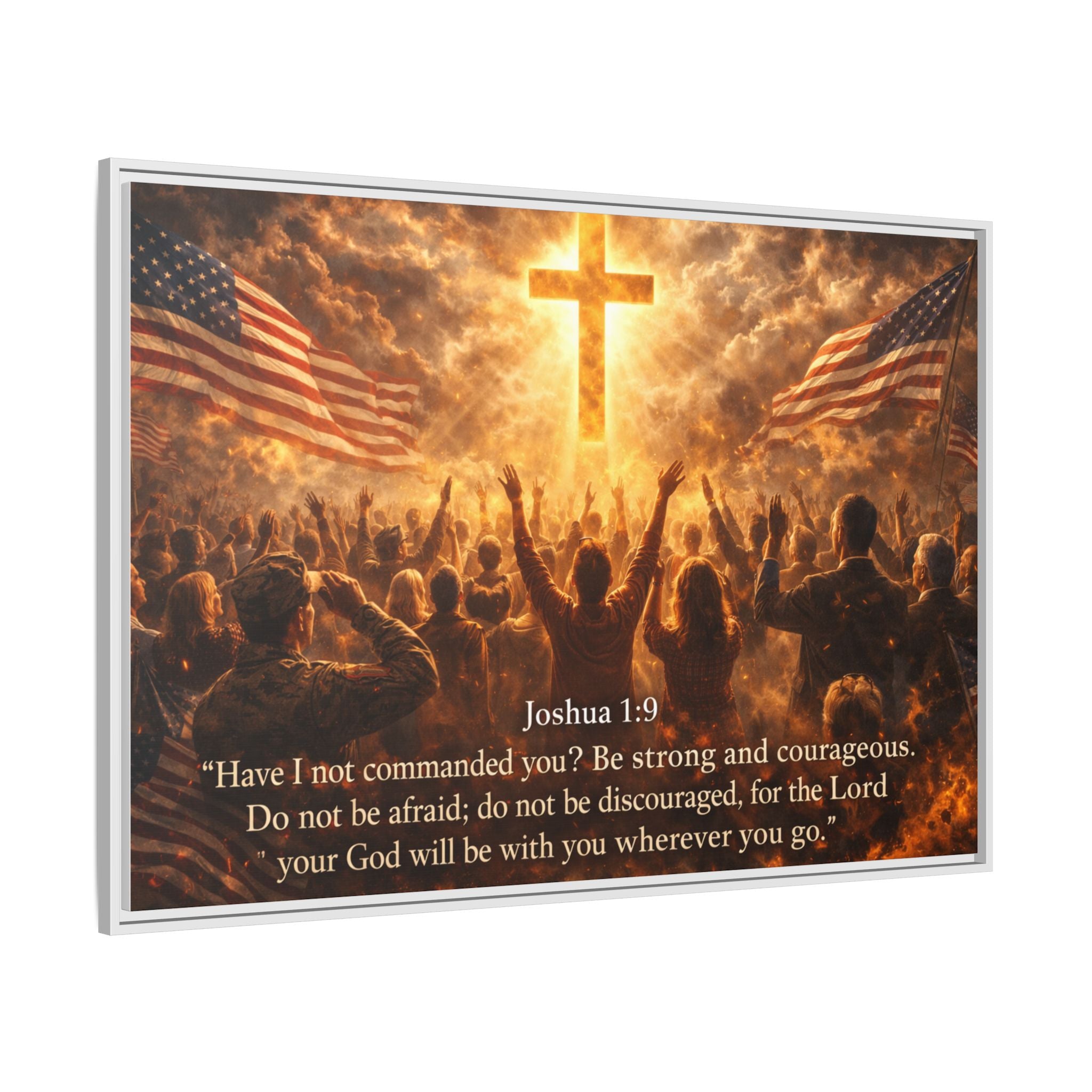 Framed Matte Canvas - Joshua 1:9 Christian Wall Art with Cross & Flags