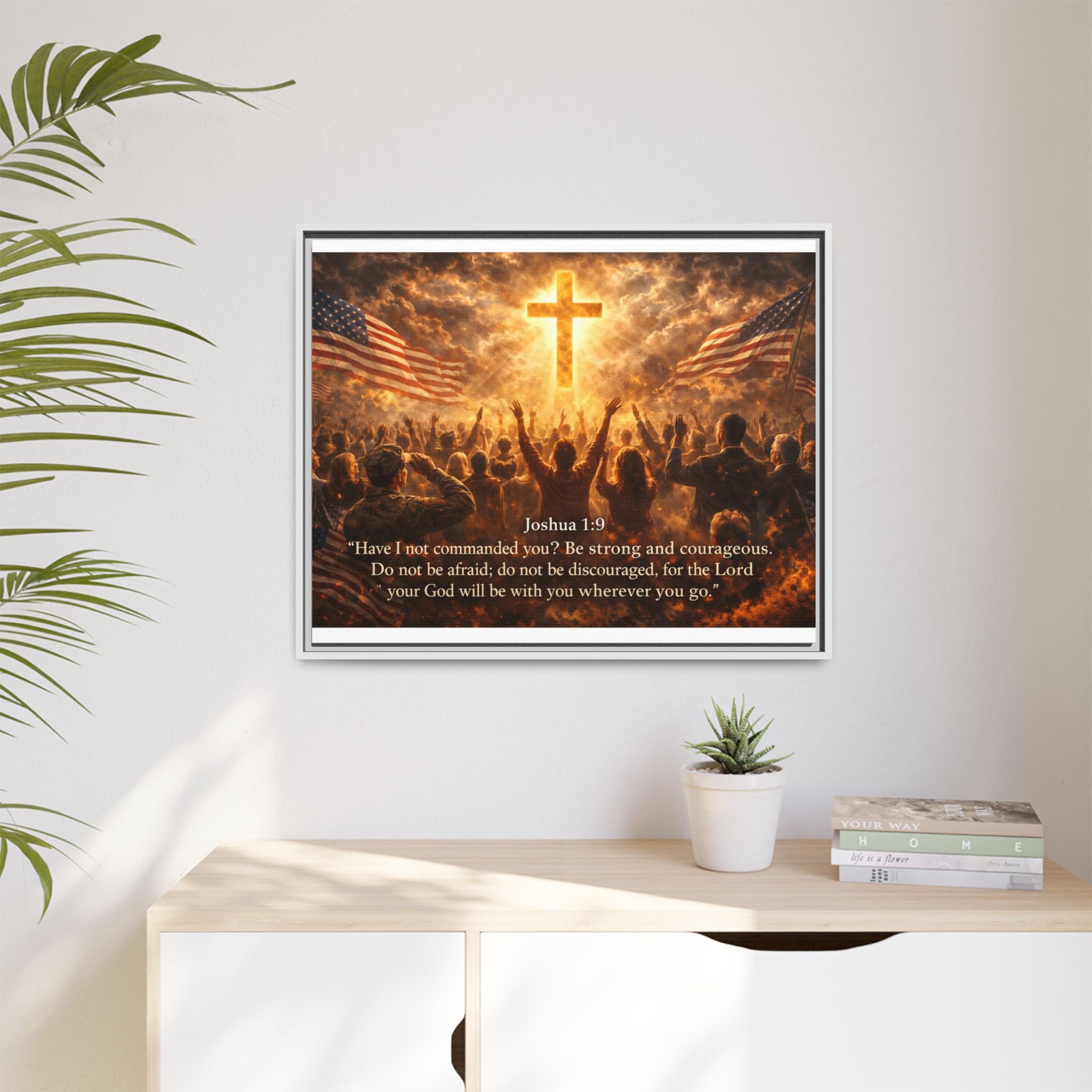 Framed Matte Canvas - Joshua 1:9 Christian Wall Art with Cross & Flags