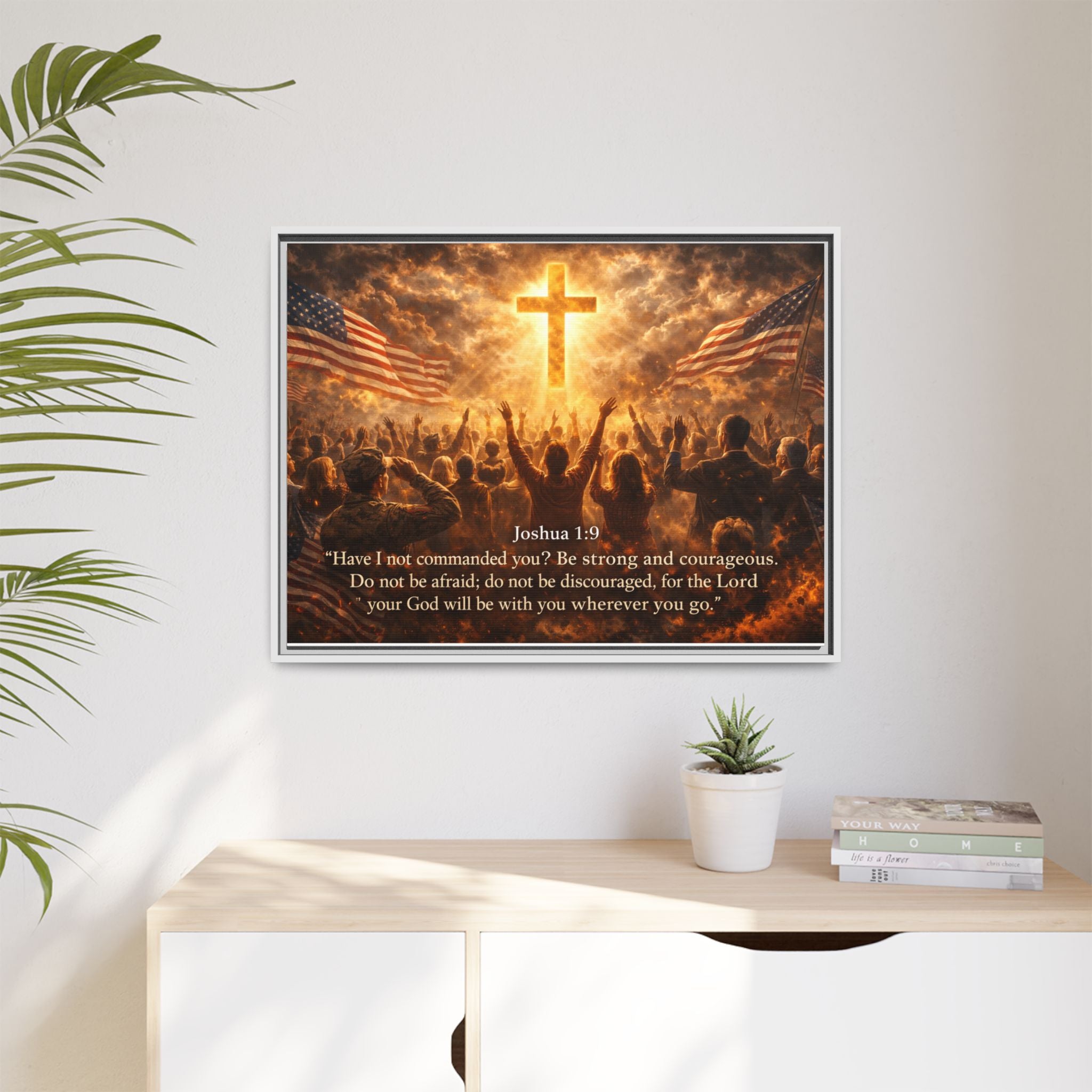 Framed Matte Canvas - Joshua 1:9 Christian Wall Art with Cross & Flags