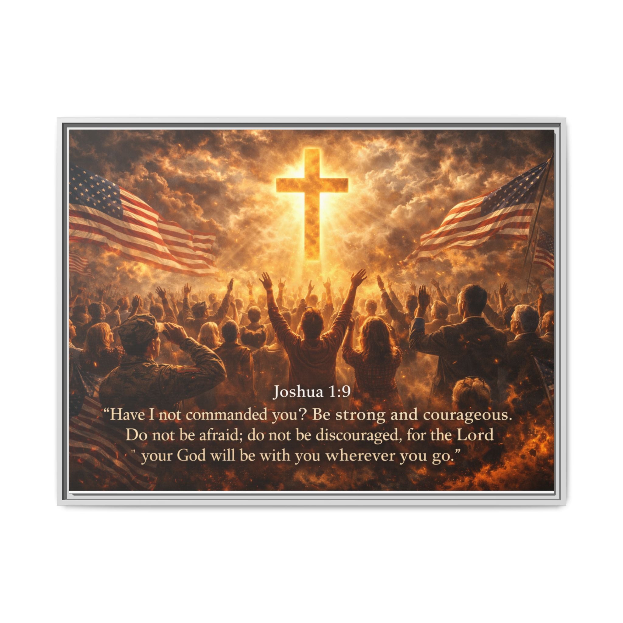 Framed Matte Canvas - Joshua 1:9 Christian Wall Art with Cross & Flags