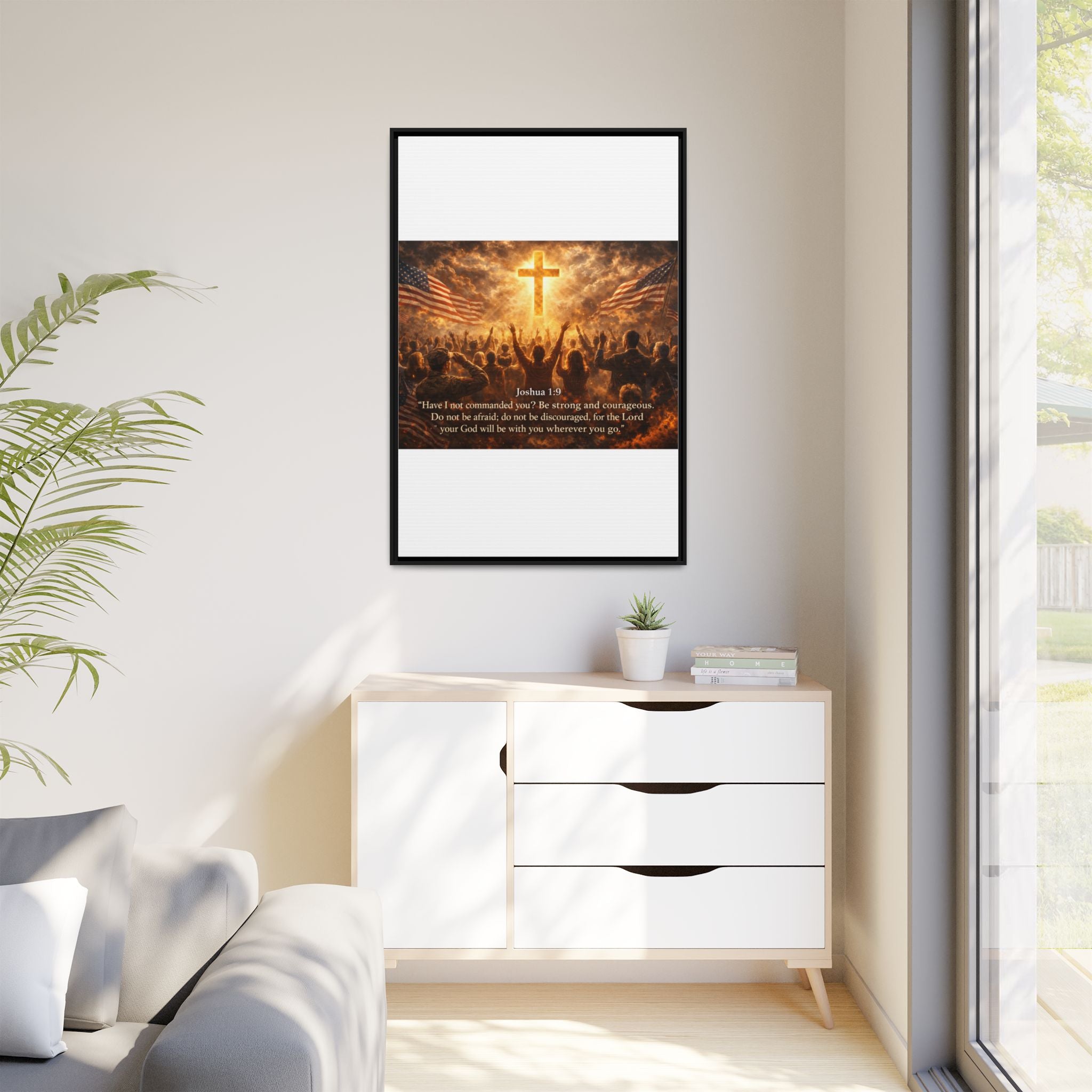 Framed Matte Canvas - Joshua 1:9 Christian Wall Art with Cross & Flags