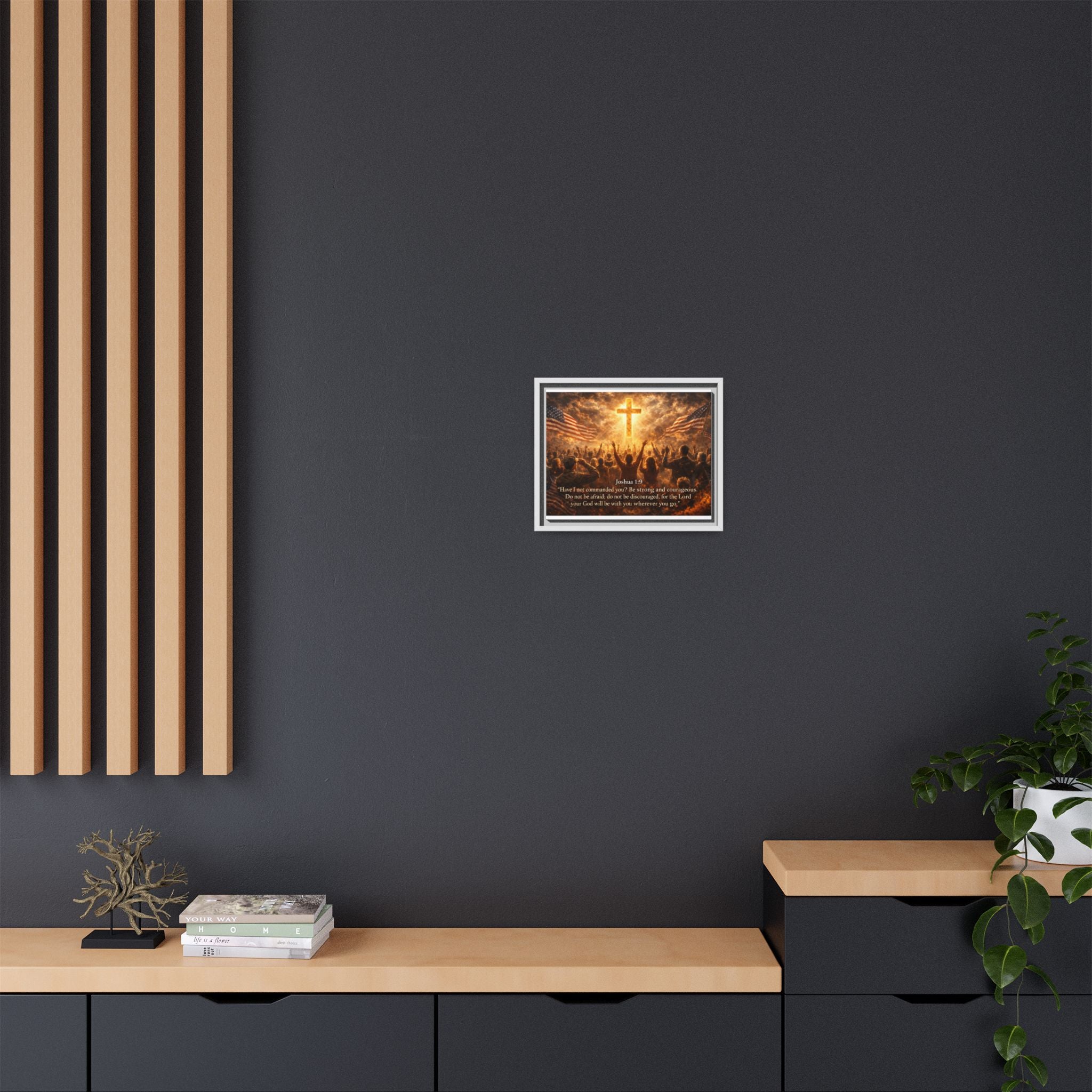 Framed Matte Canvas - Joshua 1:9 Christian Wall Art with Cross & Flags