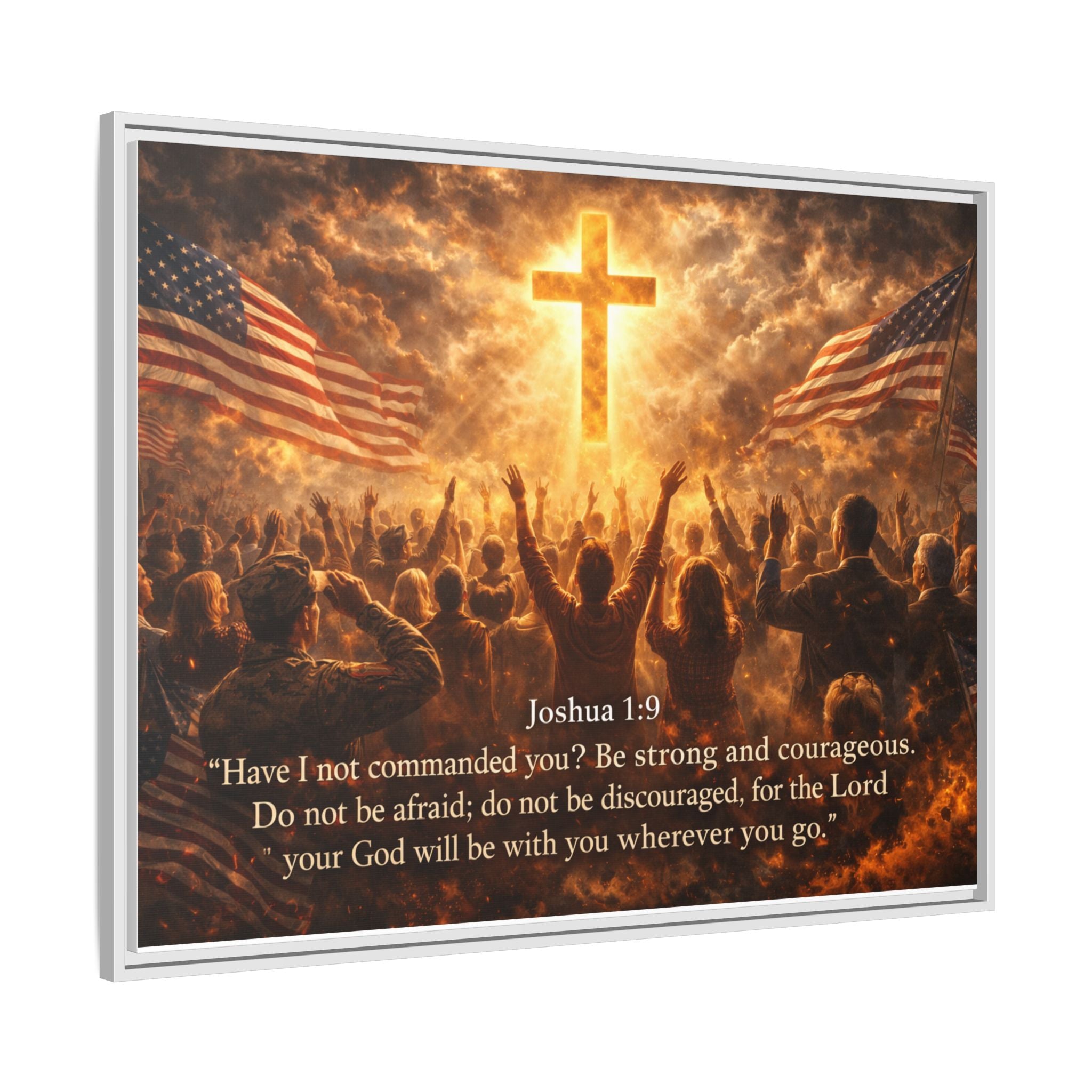 Framed Matte Canvas - Joshua 1:9 Christian Wall Art with Cross & Flags