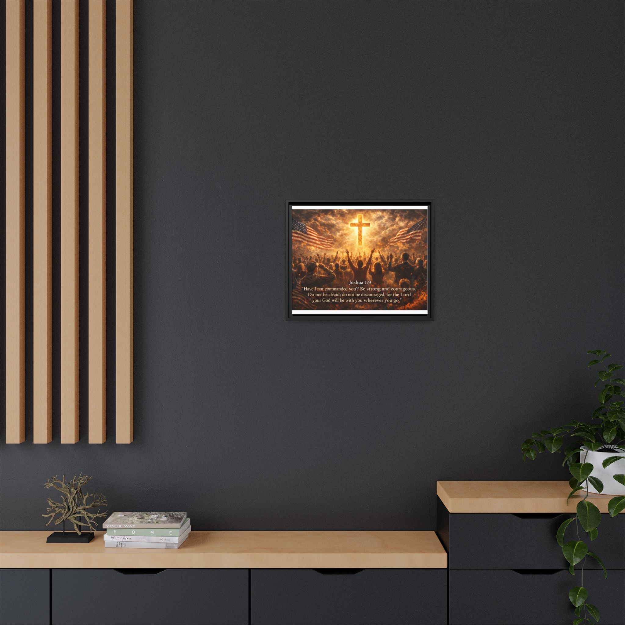 Framed Matte Canvas - Joshua 1:9 Christian Wall Art with Cross & Flags