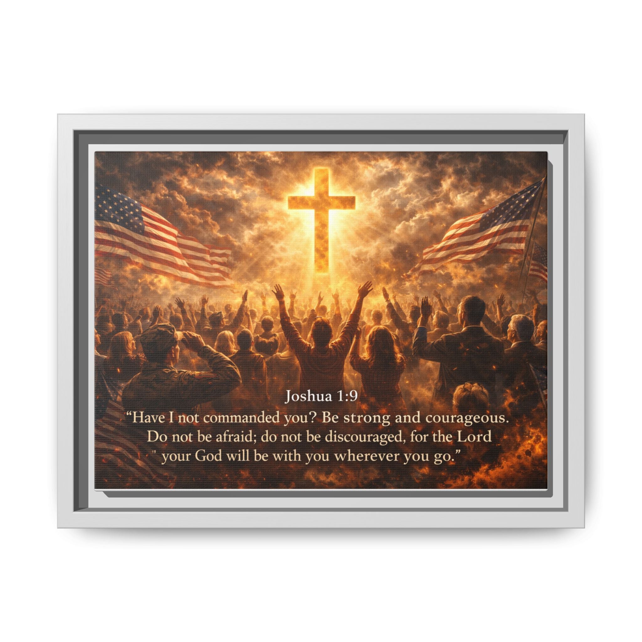 Framed Matte Canvas - Joshua 1:9 Christian Wall Art with Cross & Flags