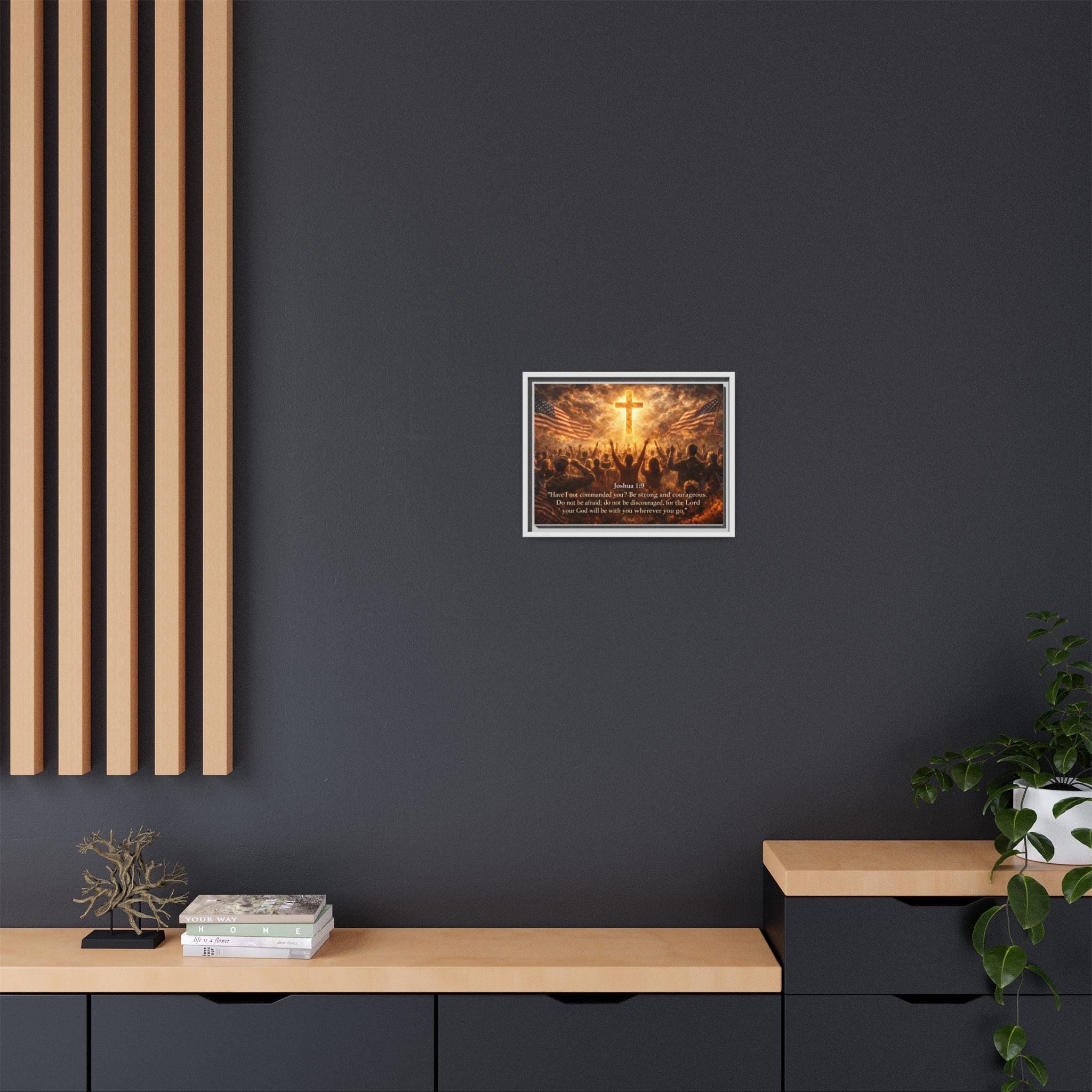 Framed Matte Canvas - Joshua 1:9 Christian Wall Art with Cross & Flags