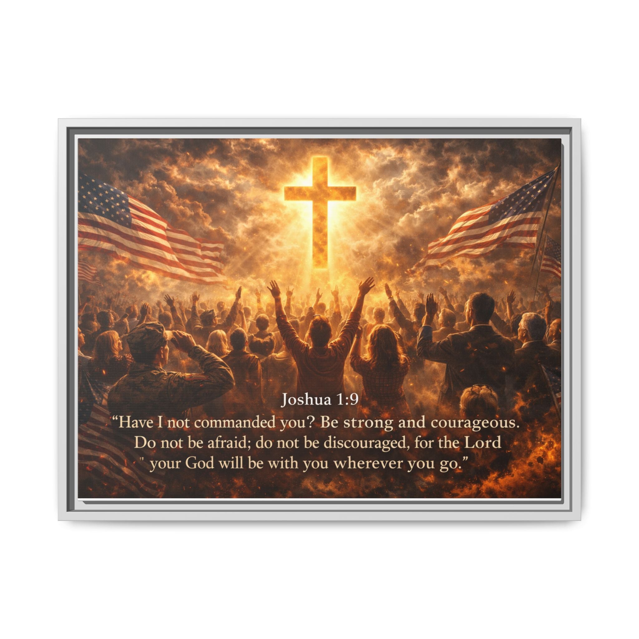 Framed Matte Canvas - Joshua 1:9 Christian Wall Art with Cross & Flags