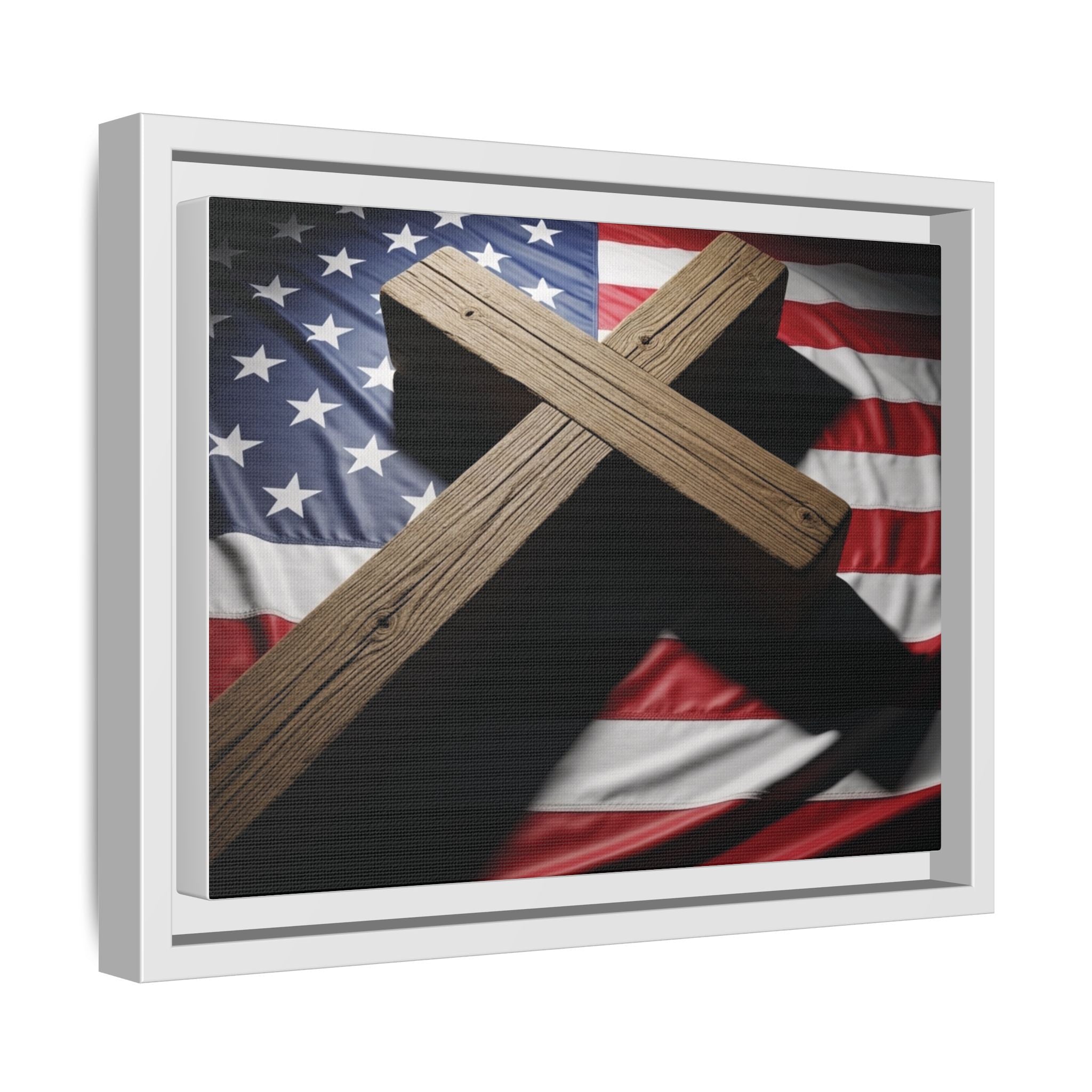 Patriotic Cross Matte Canvas Framed Wall Art — American Flag Christian Decor