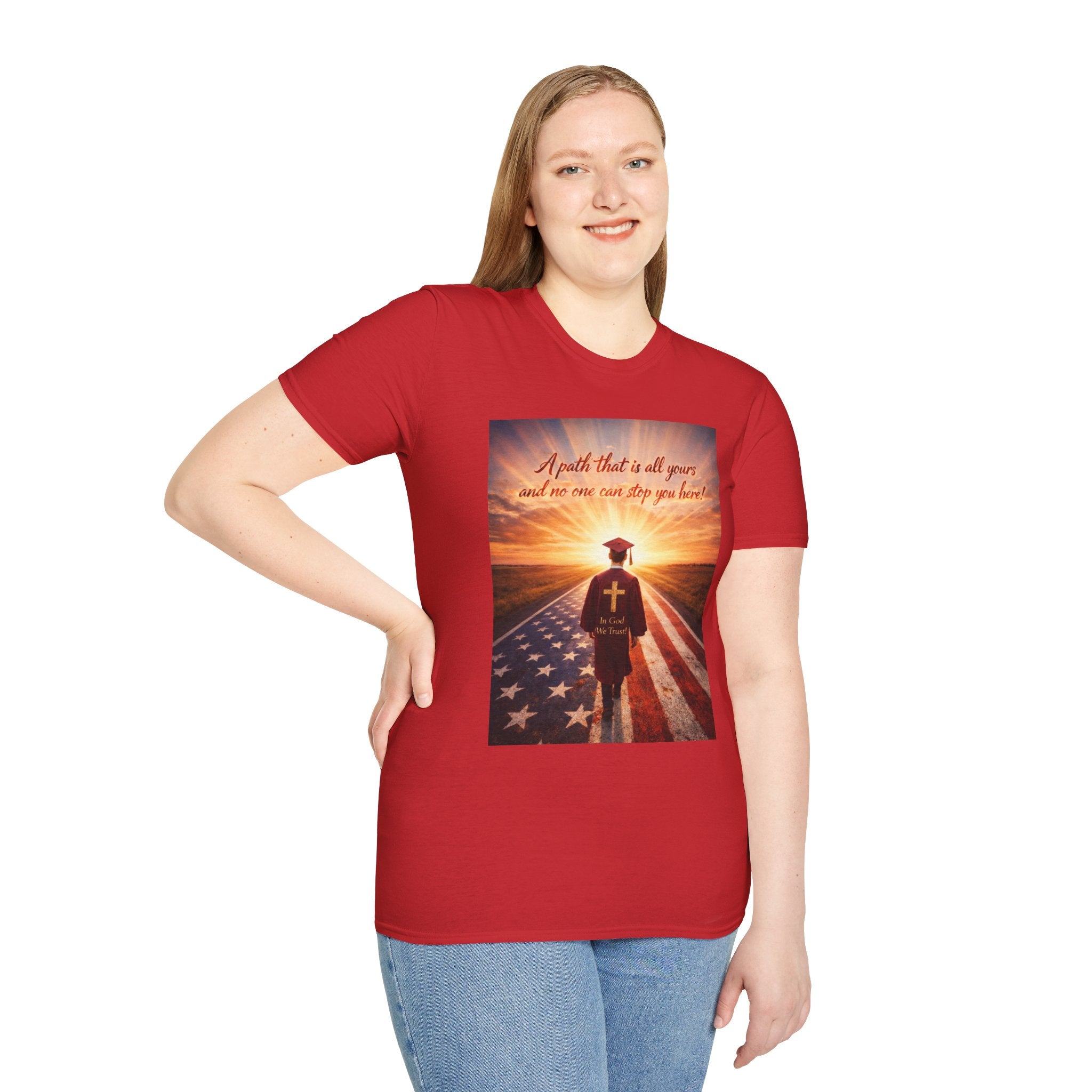 Christian Graduation T-Shirt — 'A Path That Is All Yours' Patriotic Cap & Cross Design