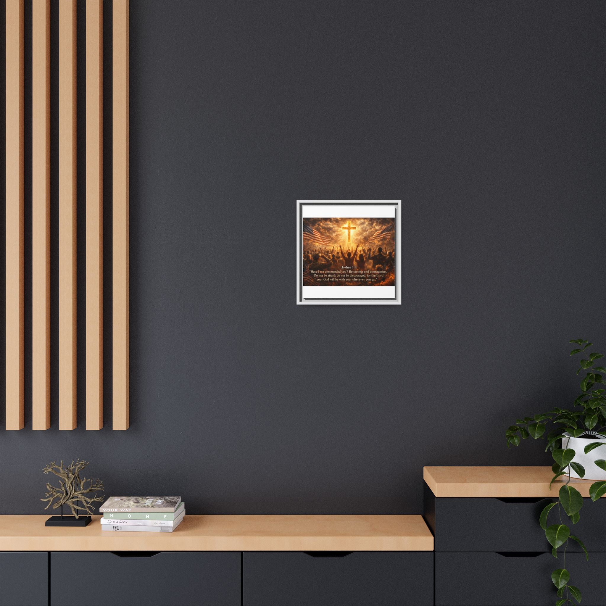 Framed Matte Canvas - Joshua 1:9 Christian Wall Art with Cross & Flags