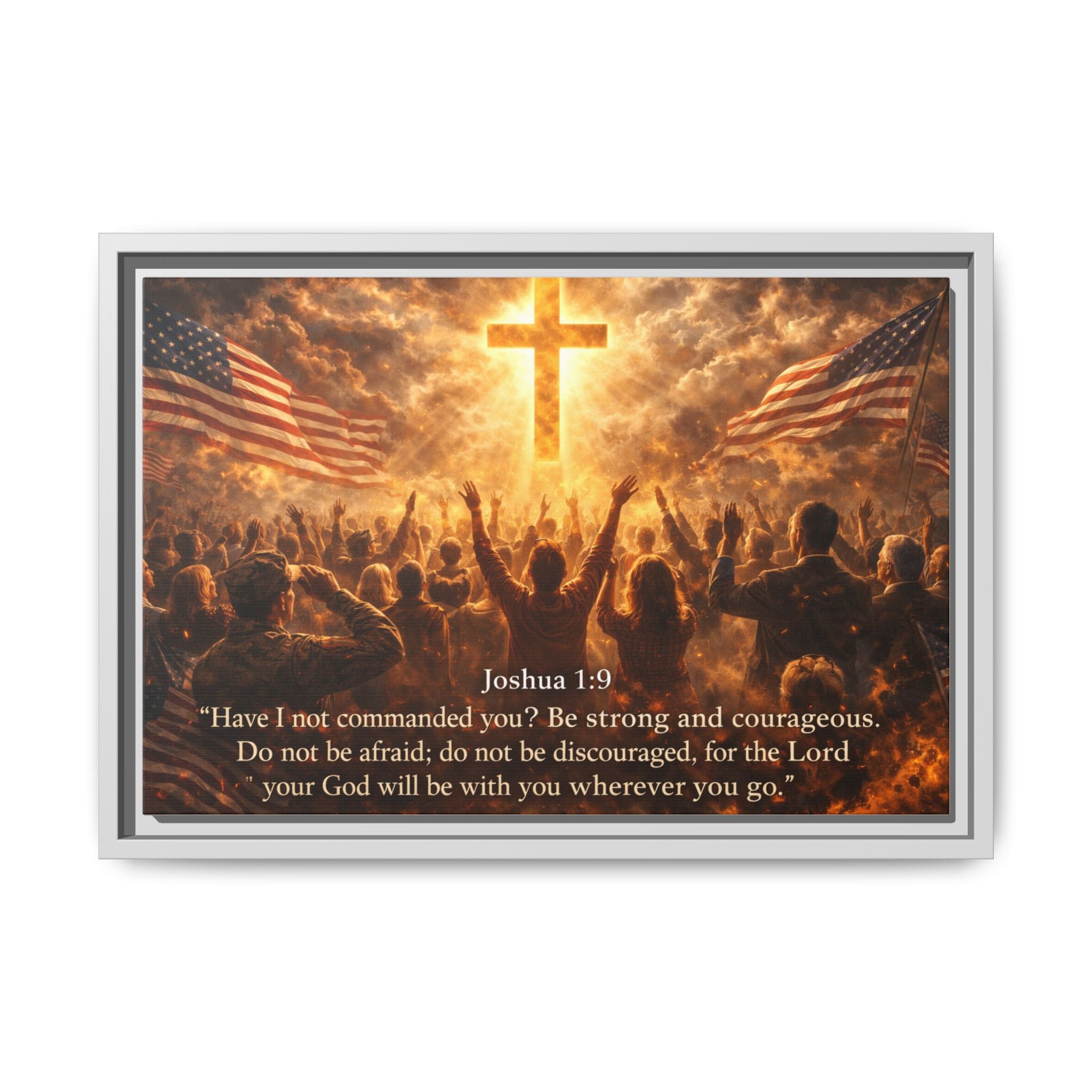 Framed Matte Canvas - Joshua 1:9 Christian Wall Art with Cross & Flags