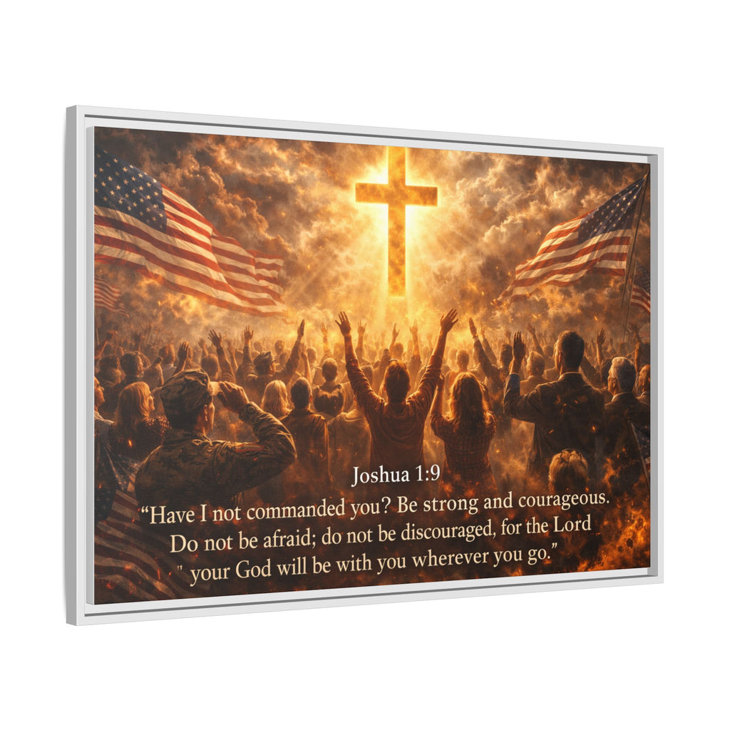 Framed Matte Canvas - Joshua 1:9 Christian Wall Art with Cross & Flags