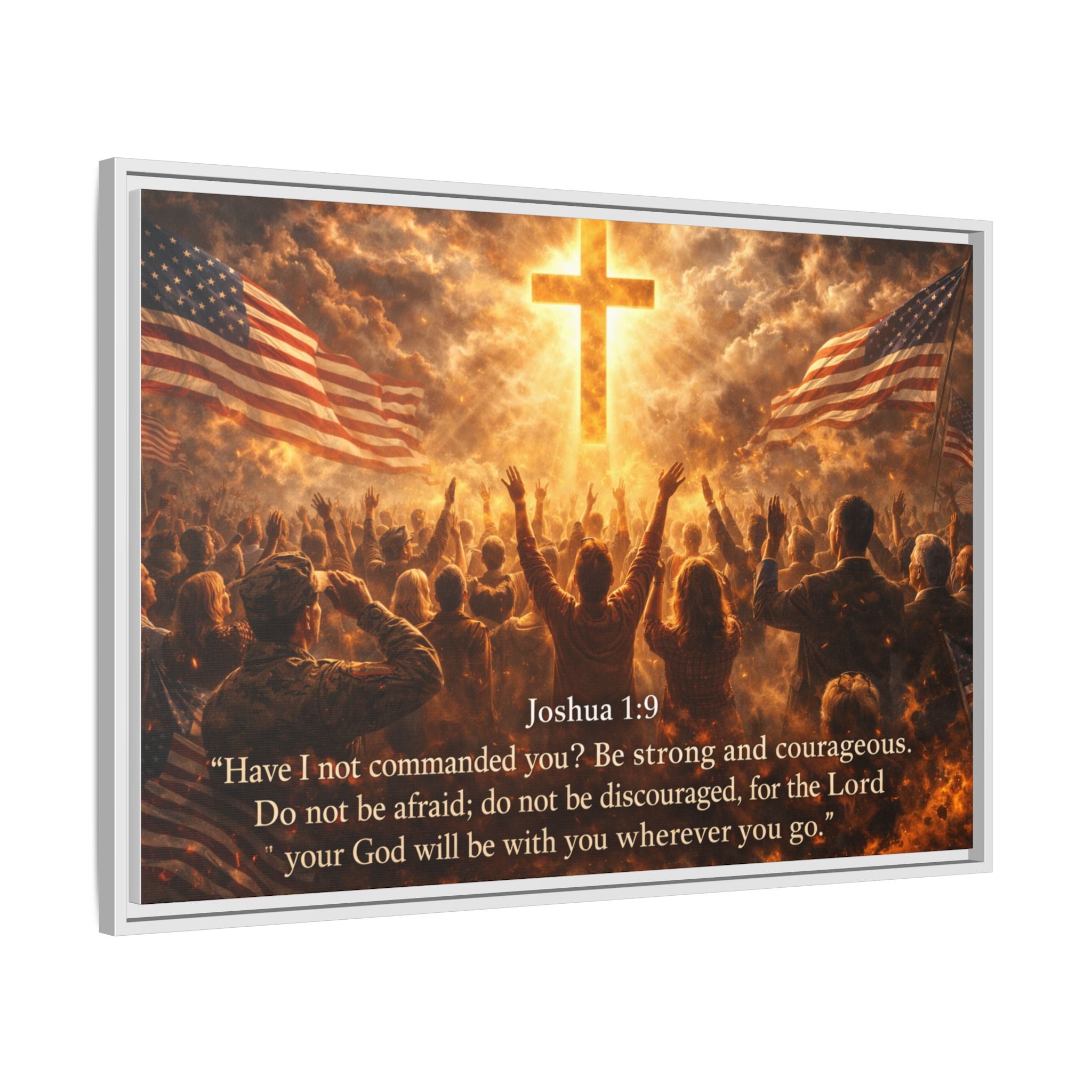 Framed Matte Canvas - Joshua 1:9 Christian Wall Art with Cross & Flags