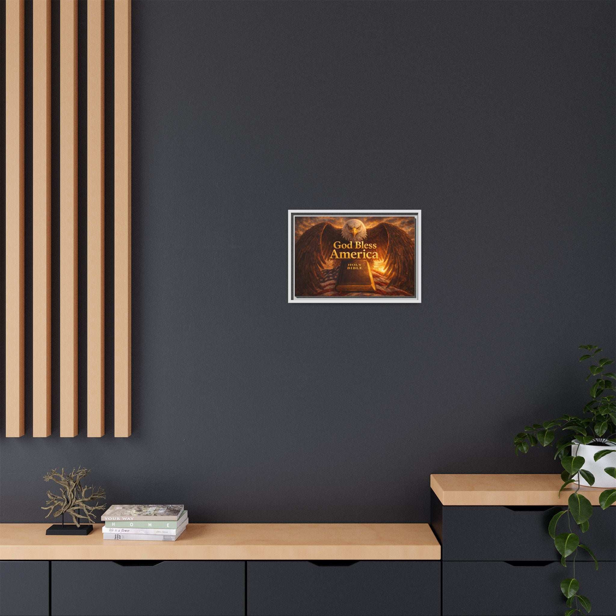 Framed Matte Canvas – "God Bless America" Eagle & Bible Patriotic Wall Art