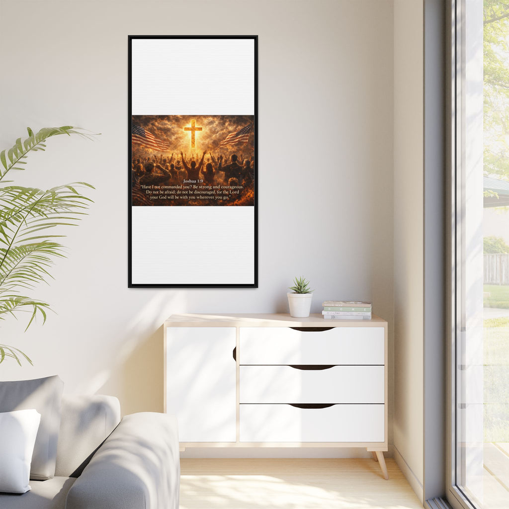 Framed Matte Canvas - Joshua 1:9 Christian Wall Art with Cross & Flags