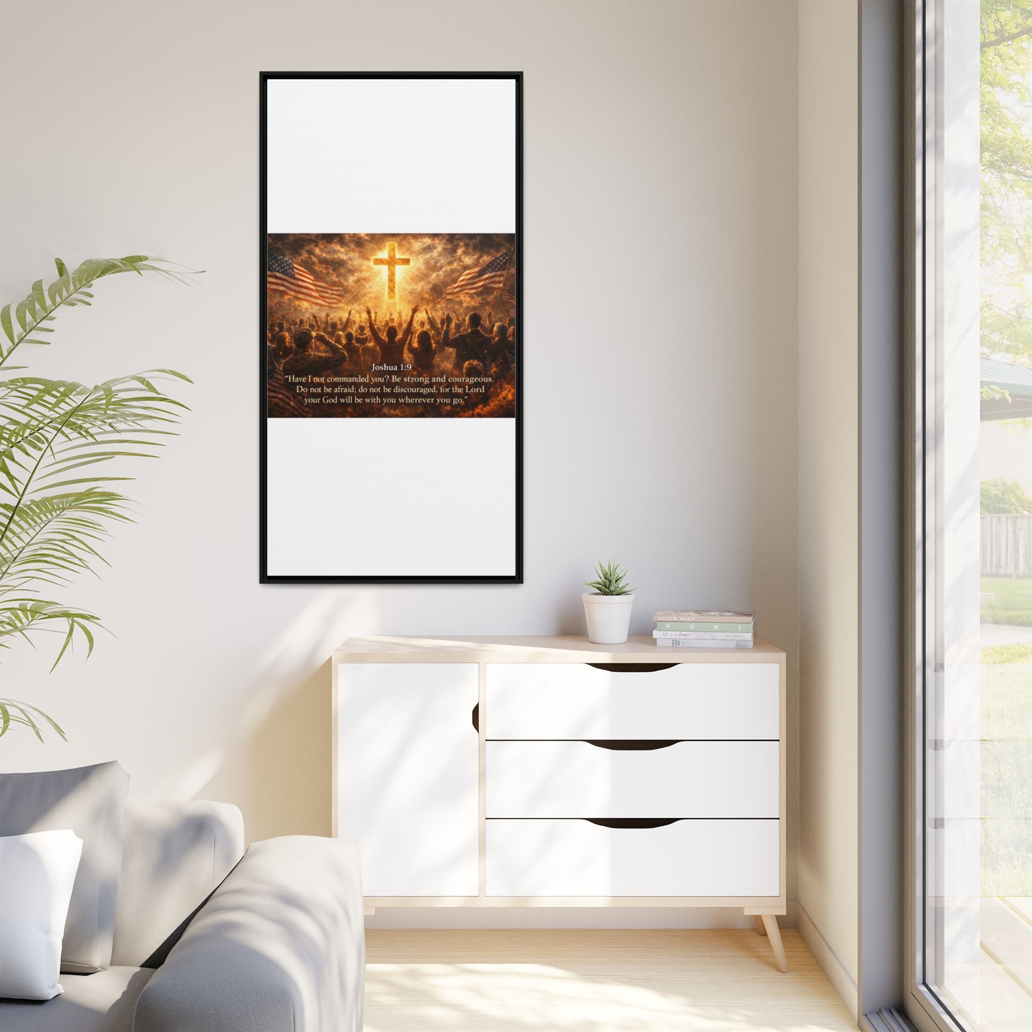 Framed Matte Canvas - Joshua 1:9 Christian Wall Art with Cross & Flags
