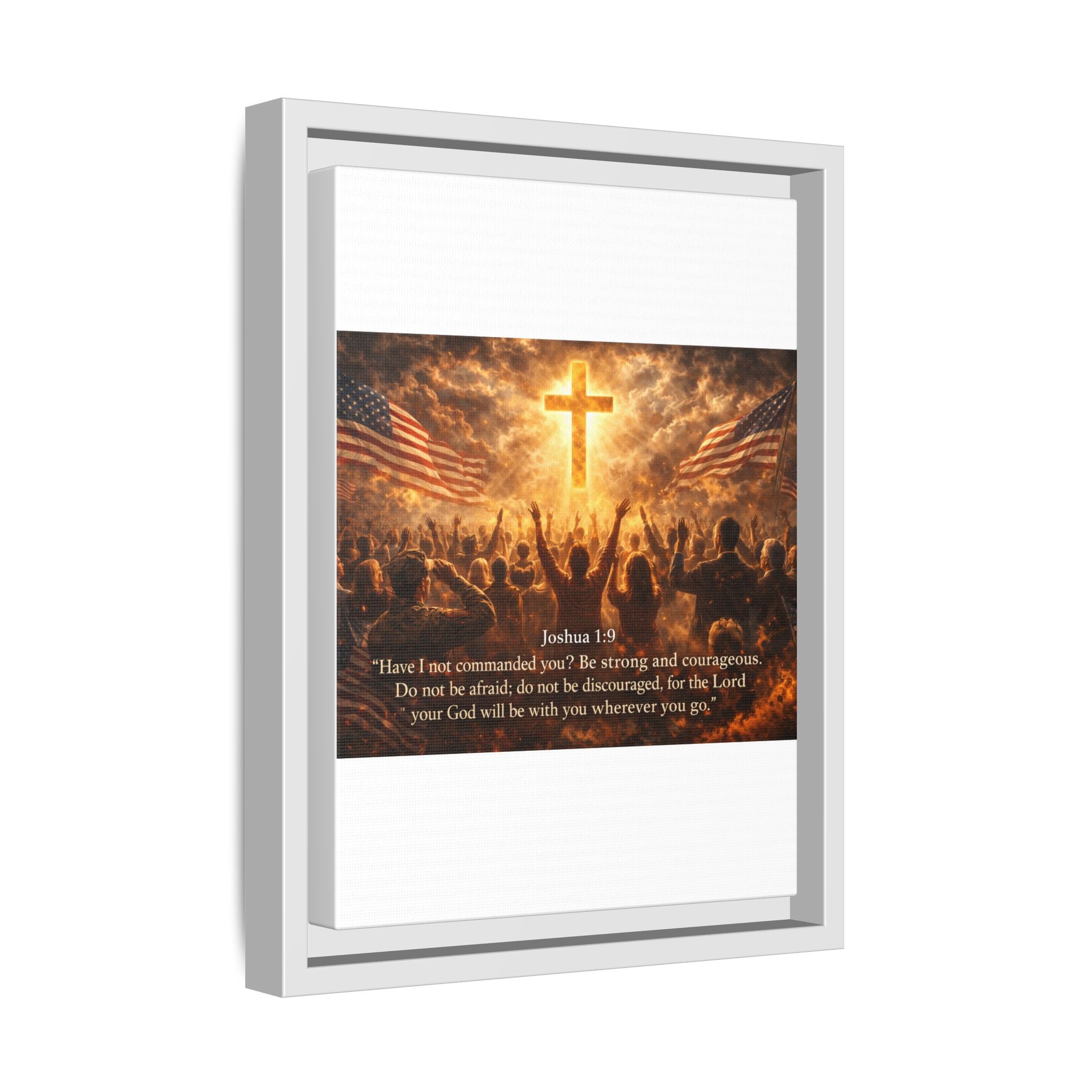 Framed Matte Canvas - Joshua 1:9 Christian Wall Art with Cross & Flags