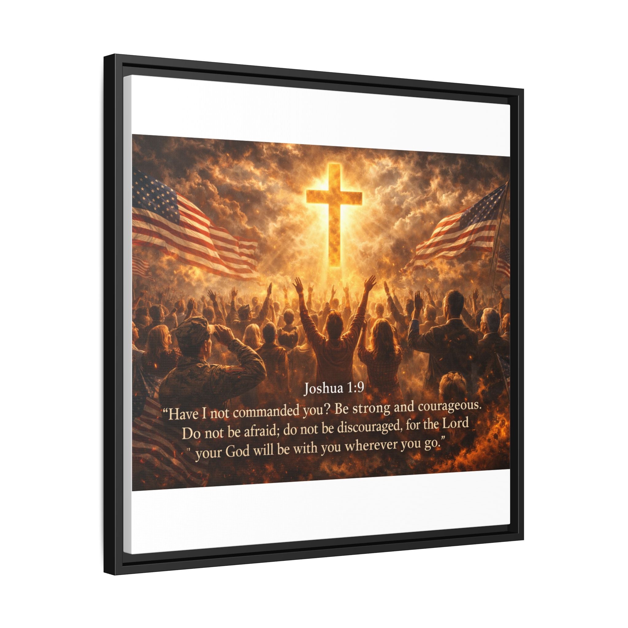 Framed Matte Canvas - Joshua 1:9 Christian Wall Art with Cross & Flags