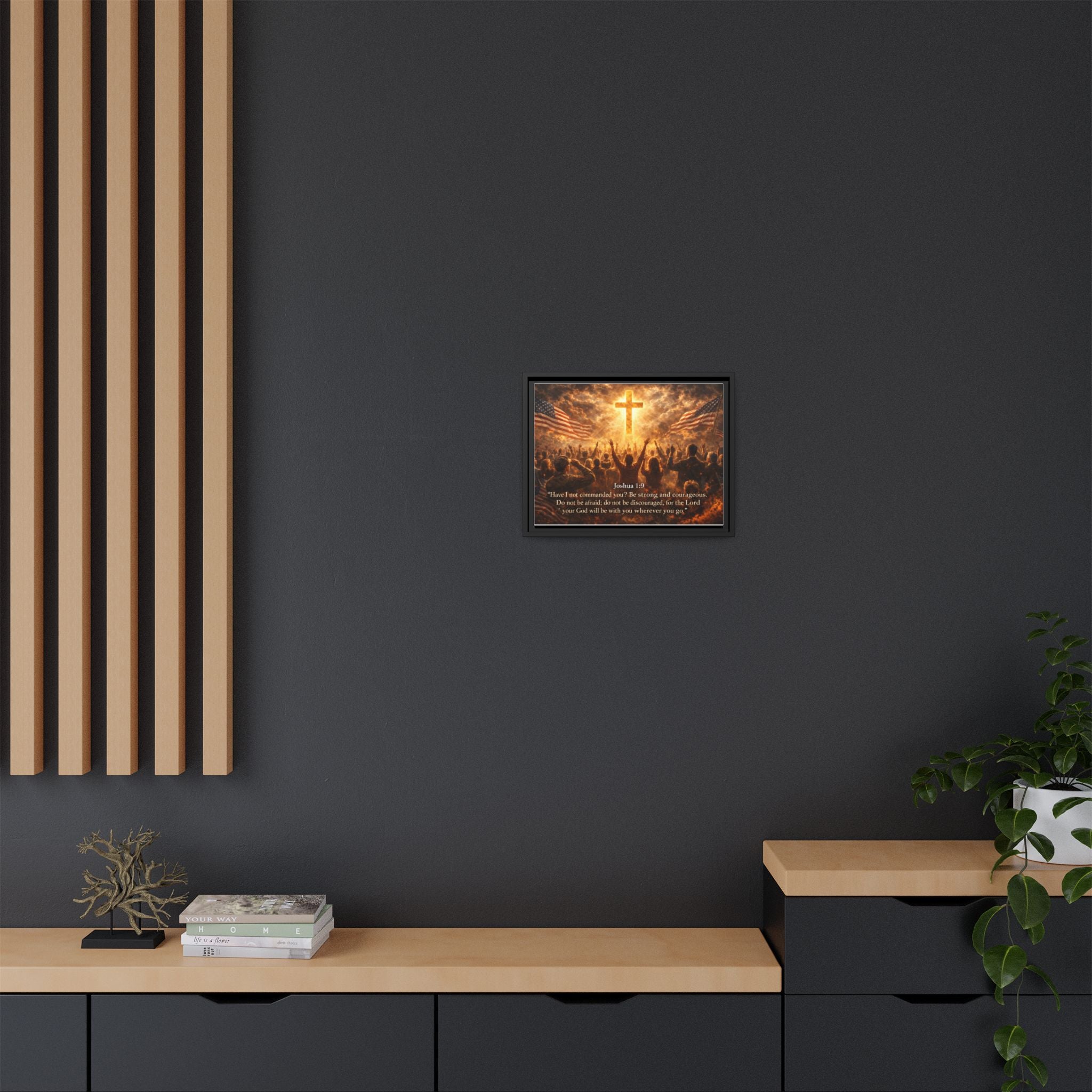 Framed Matte Canvas - Joshua 1:9 Christian Wall Art with Cross & Flags
