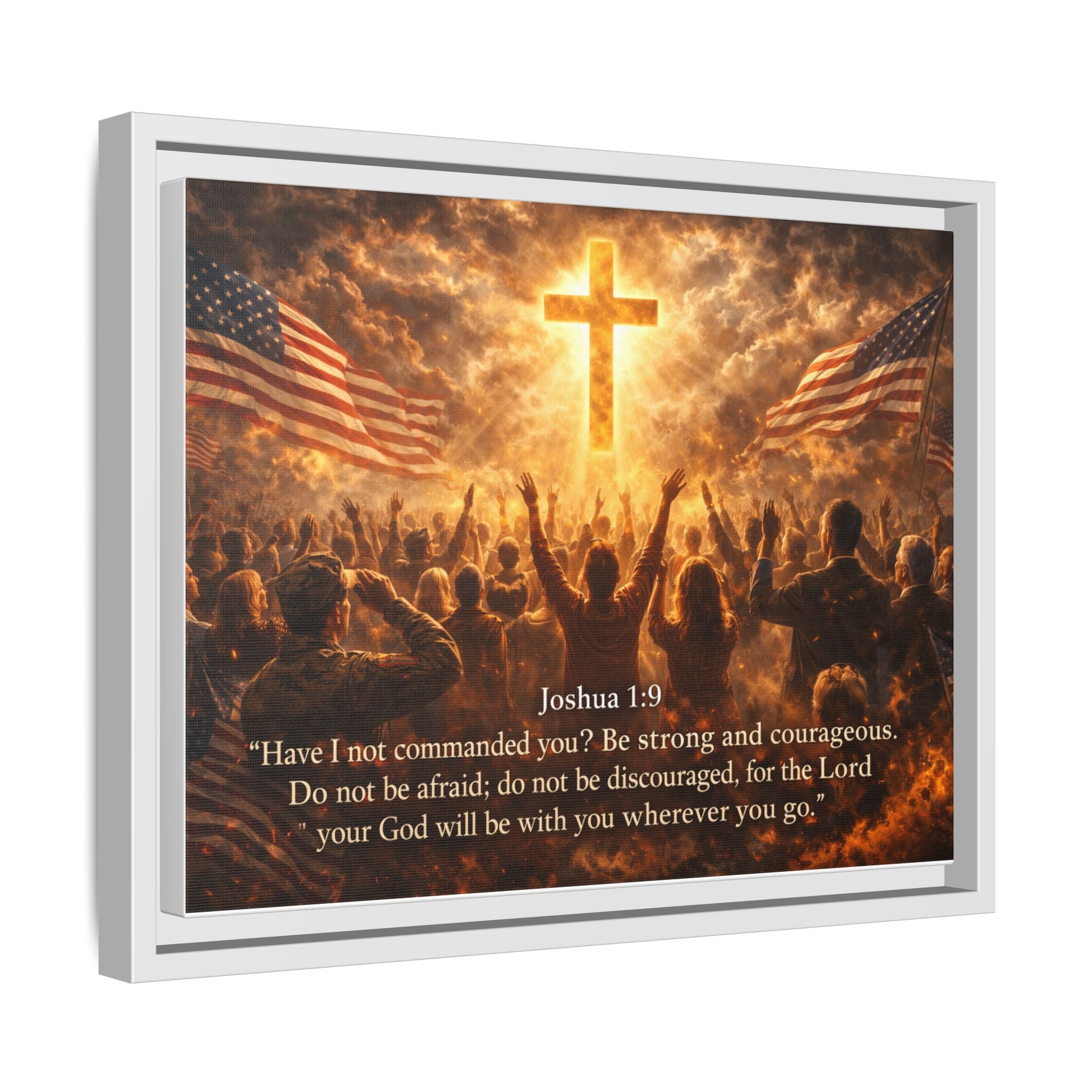 Framed Matte Canvas - Joshua 1:9 Christian Wall Art with Cross & Flags