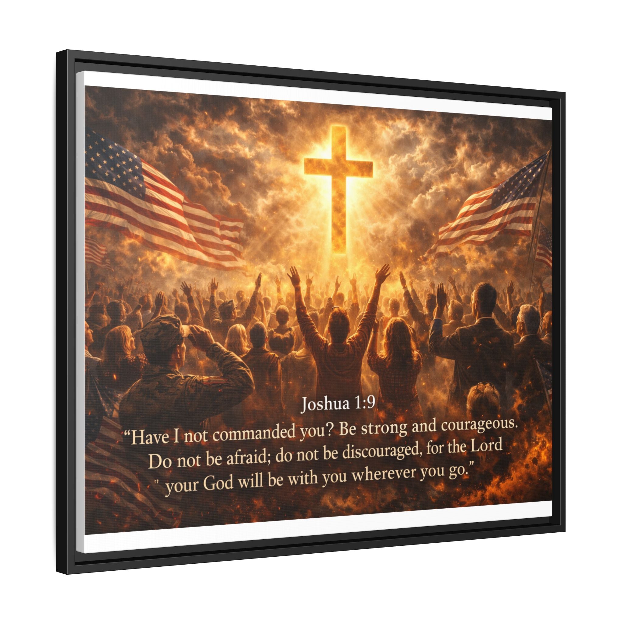 Framed Matte Canvas - Joshua 1:9 Christian Wall Art with Cross & Flags