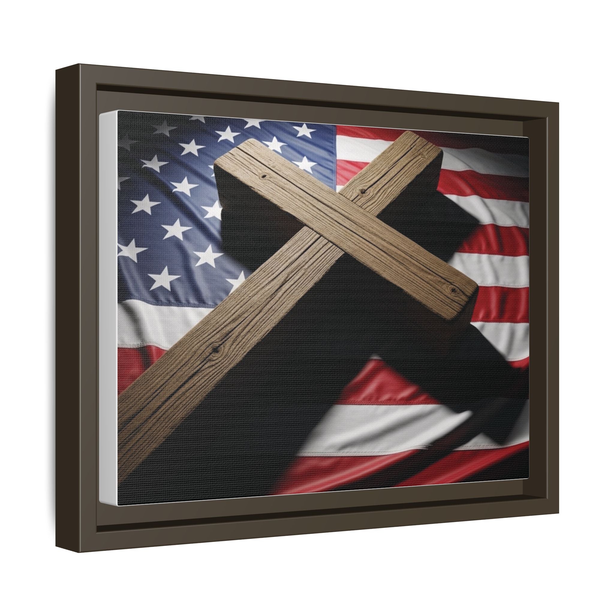 Patriotic Cross Matte Canvas Framed Wall Art — American Flag Christian Decor