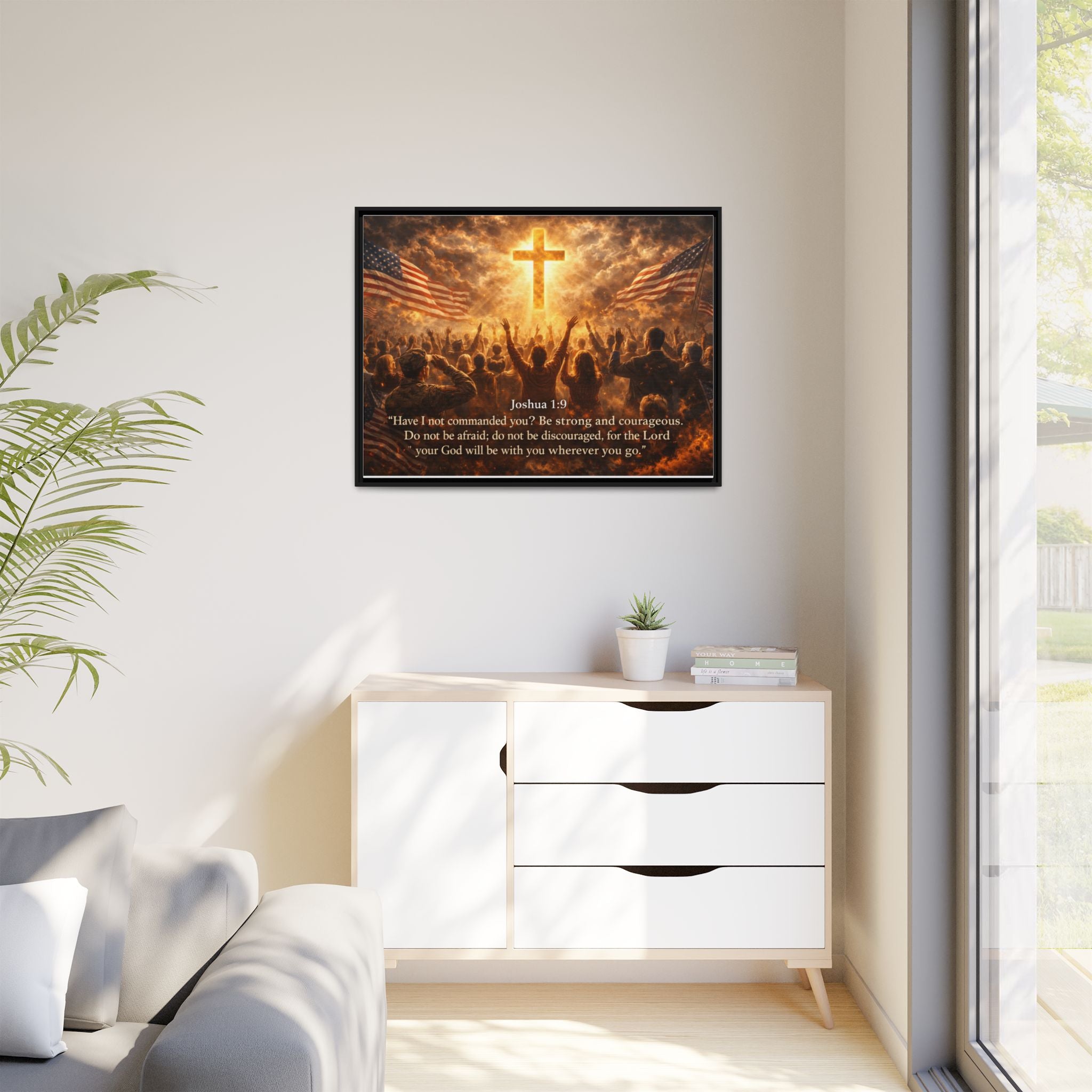 Framed Matte Canvas - Joshua 1:9 Christian Wall Art with Cross & Flags