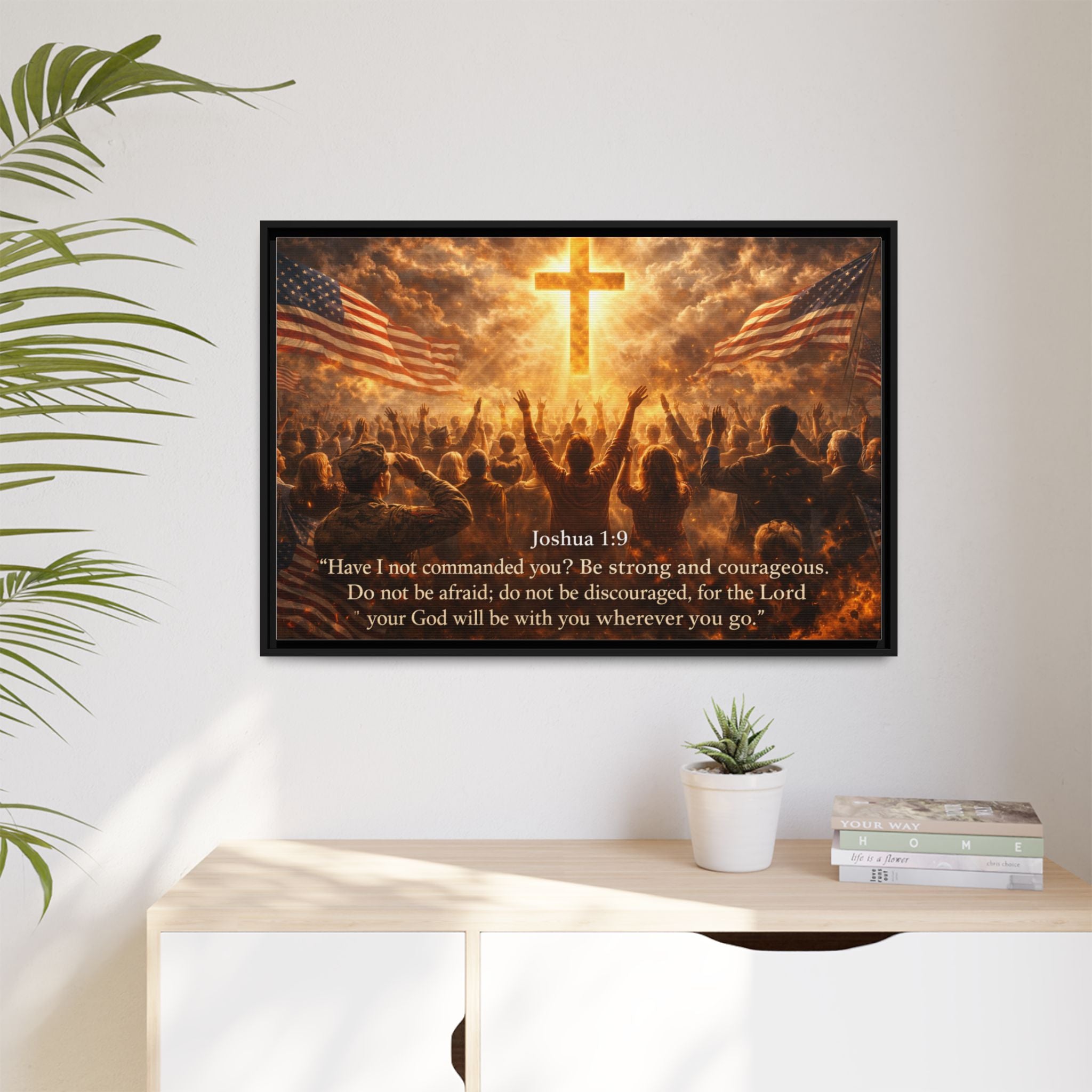 Framed Matte Canvas - Joshua 1:9 Christian Wall Art with Cross & Flags