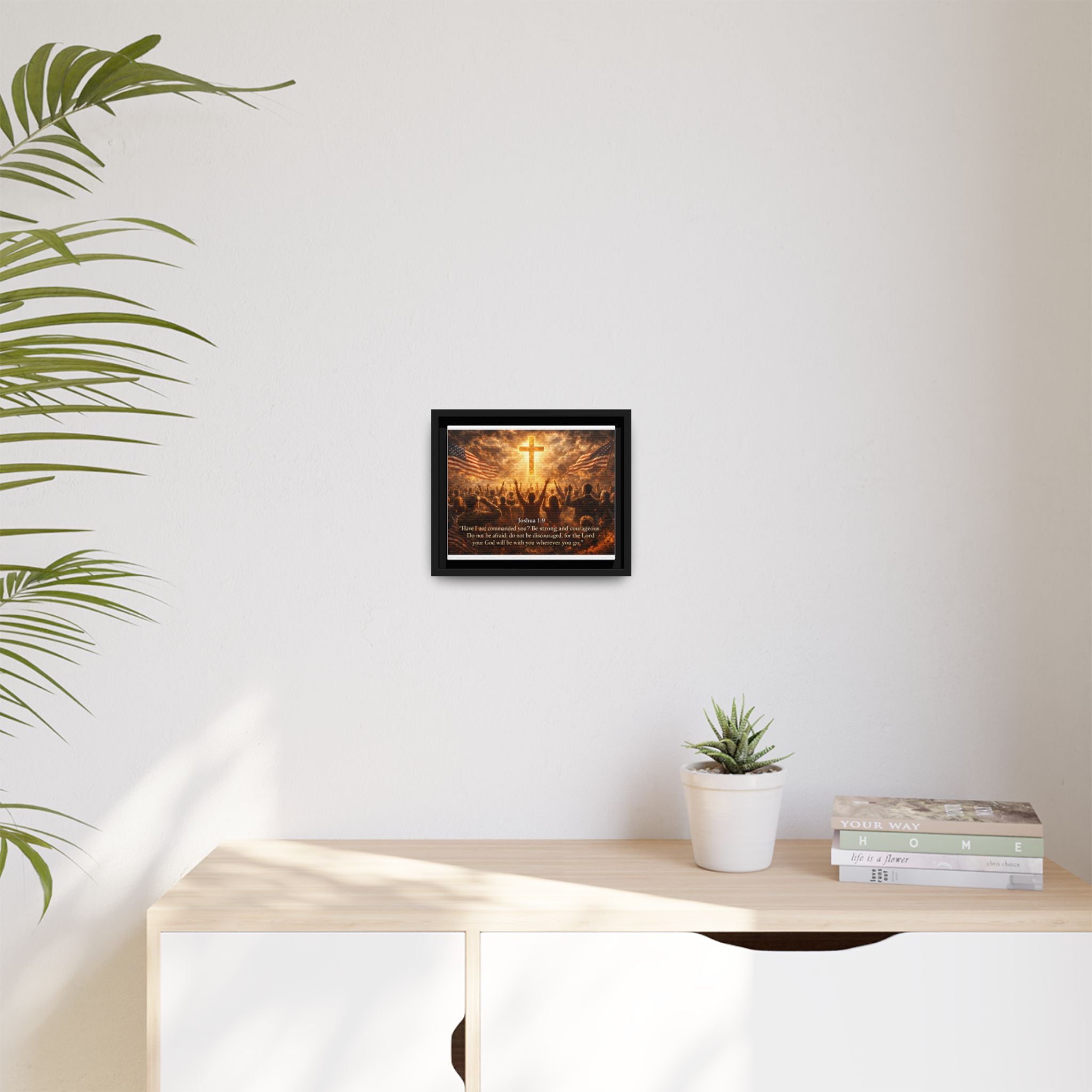 Framed Matte Canvas - Joshua 1:9 Christian Wall Art with Cross & Flags
