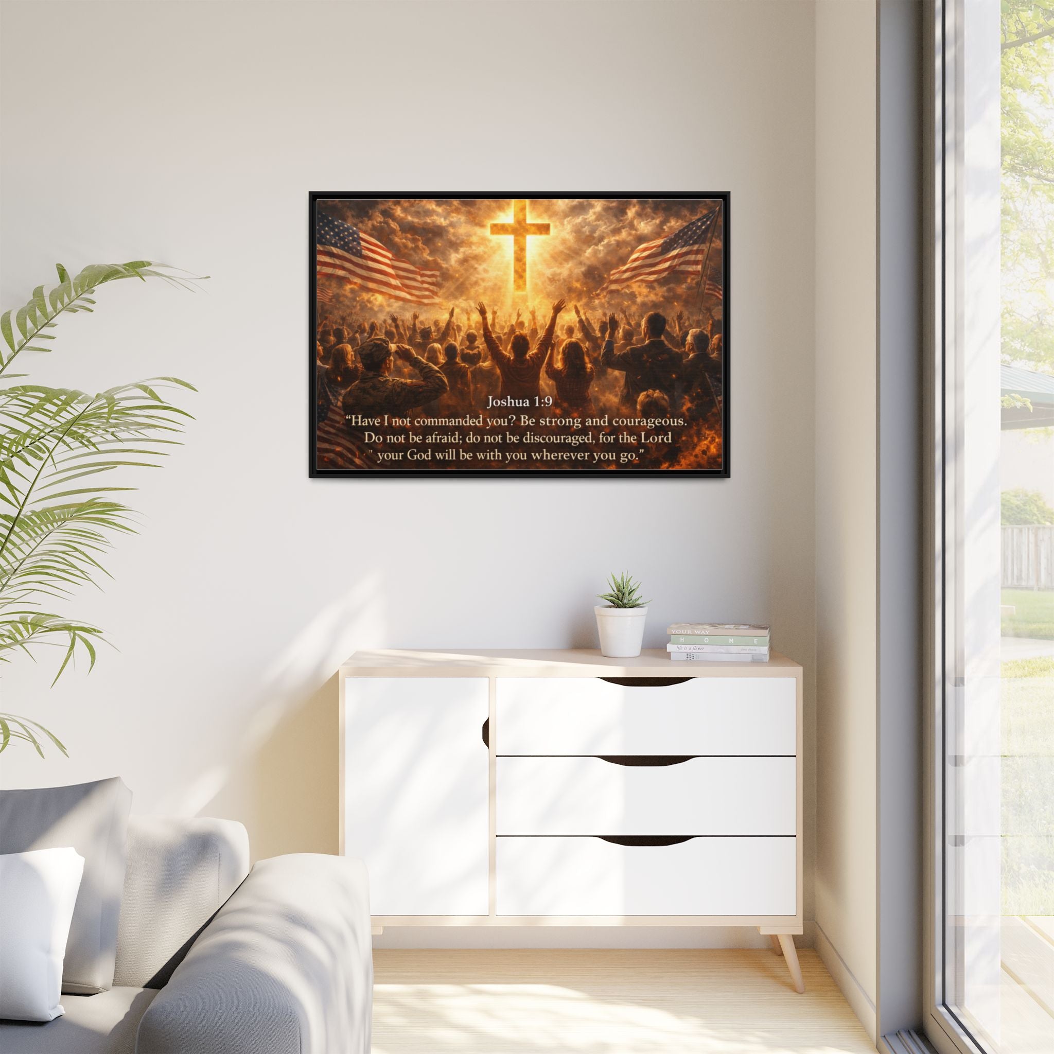 Framed Matte Canvas - Joshua 1:9 Christian Wall Art with Cross & Flags