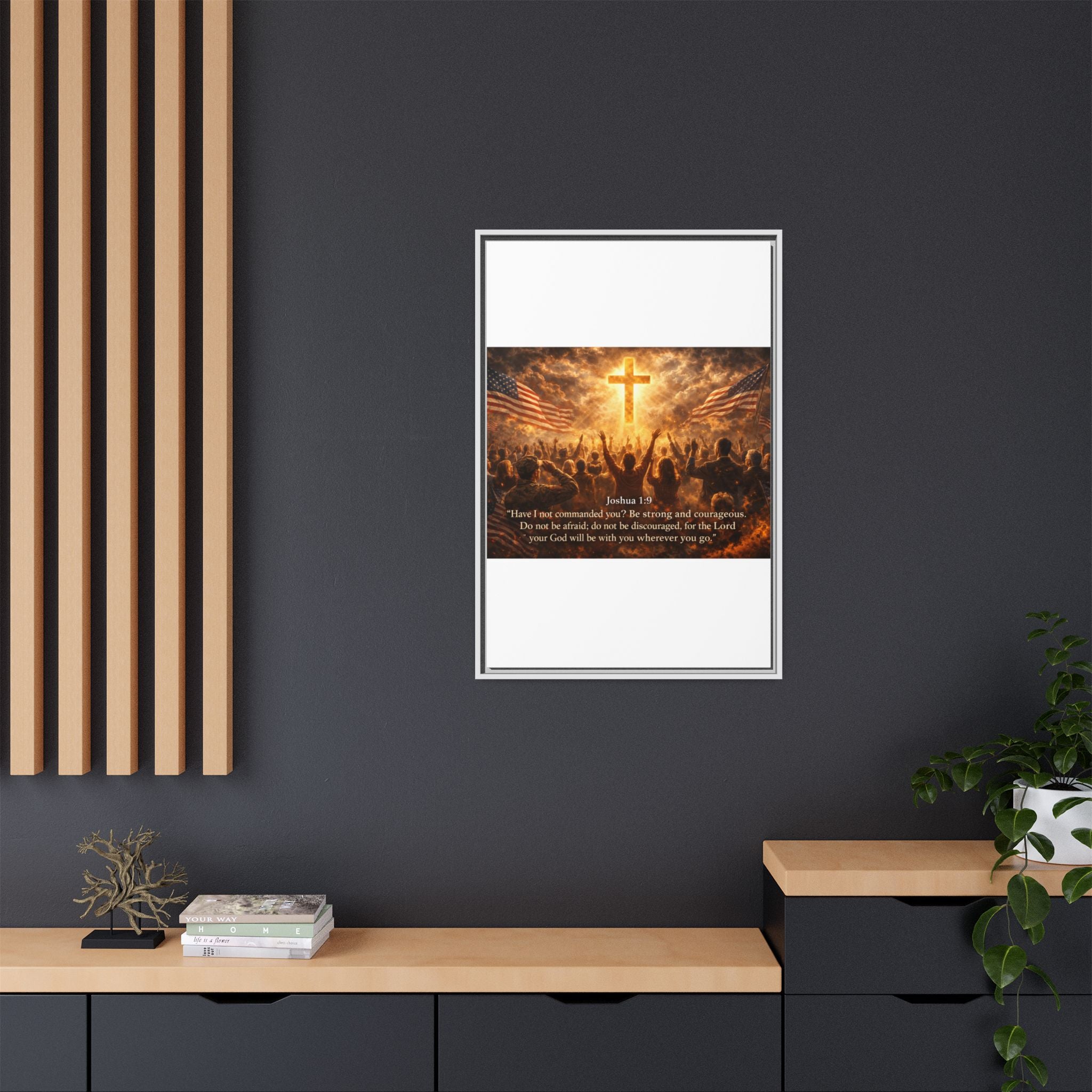 Framed Matte Canvas - Joshua 1:9 Christian Wall Art with Cross & Flags