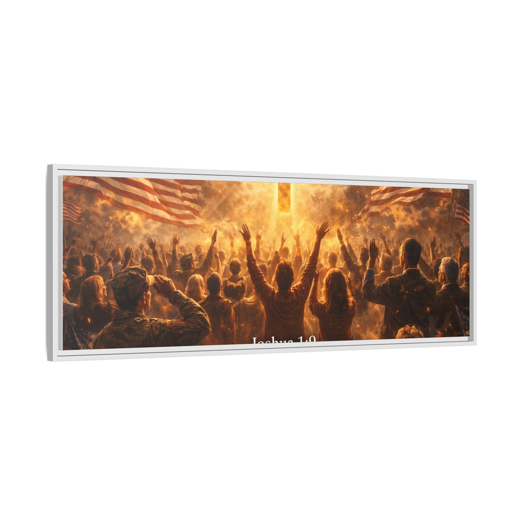 Framed Matte Canvas - Joshua 1:9 Christian Wall Art with Cross & Flags