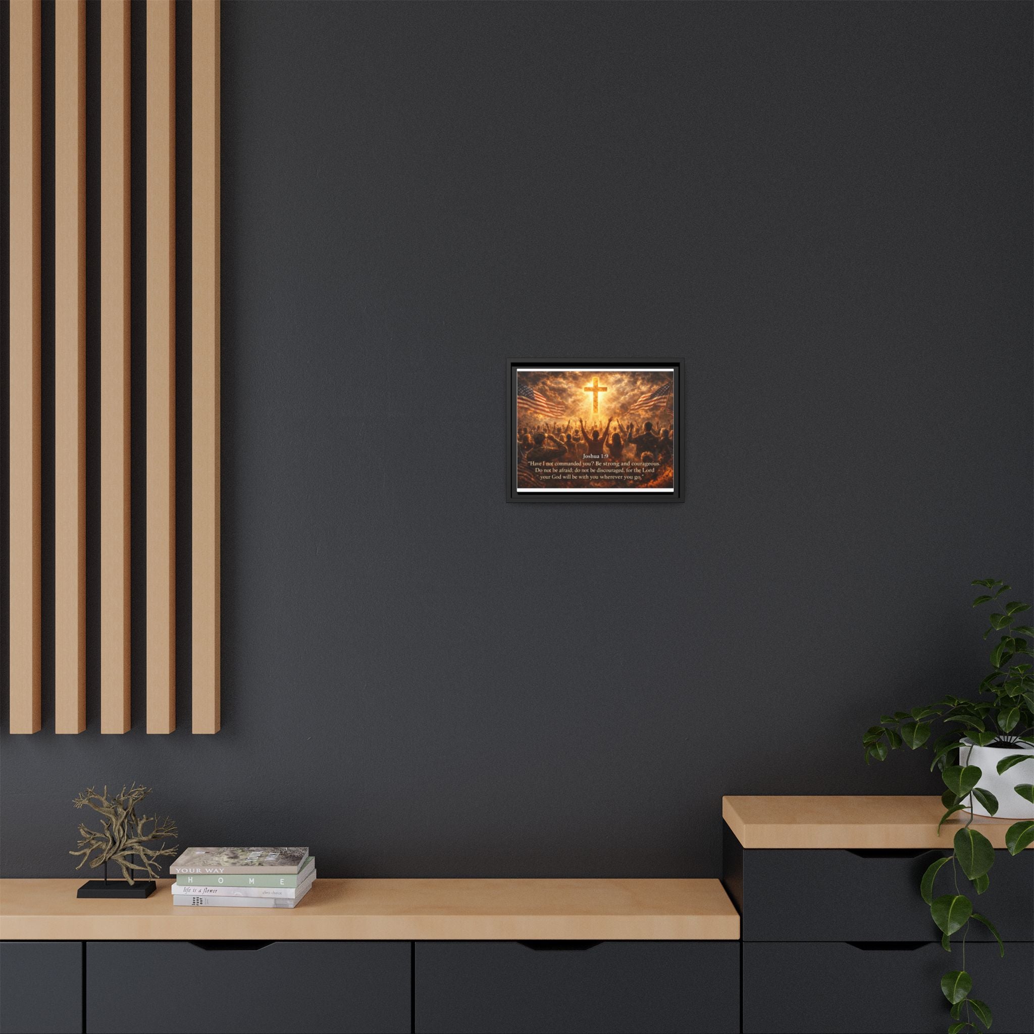 Framed Matte Canvas - Joshua 1:9 Christian Wall Art with Cross & Flags