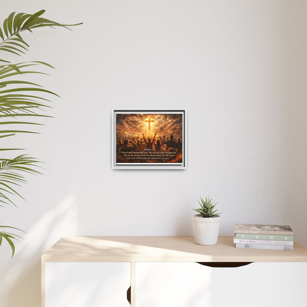 Framed Matte Canvas - Joshua 1:9 Christian Wall Art with Cross & Flags