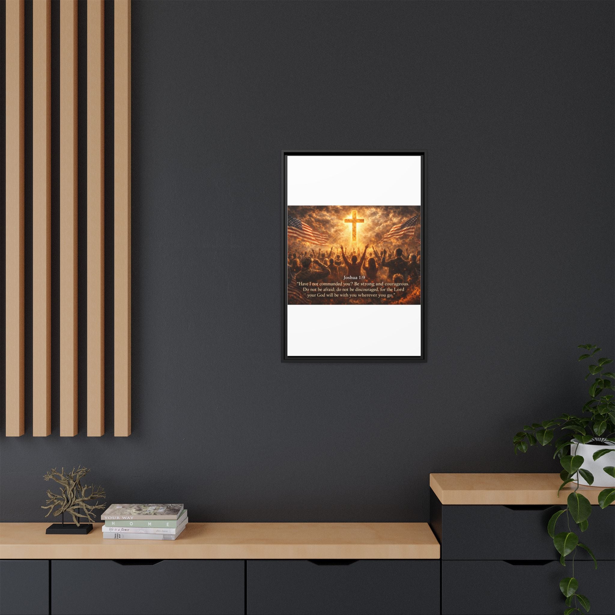 Framed Matte Canvas - Joshua 1:9 Christian Wall Art with Cross & Flags
