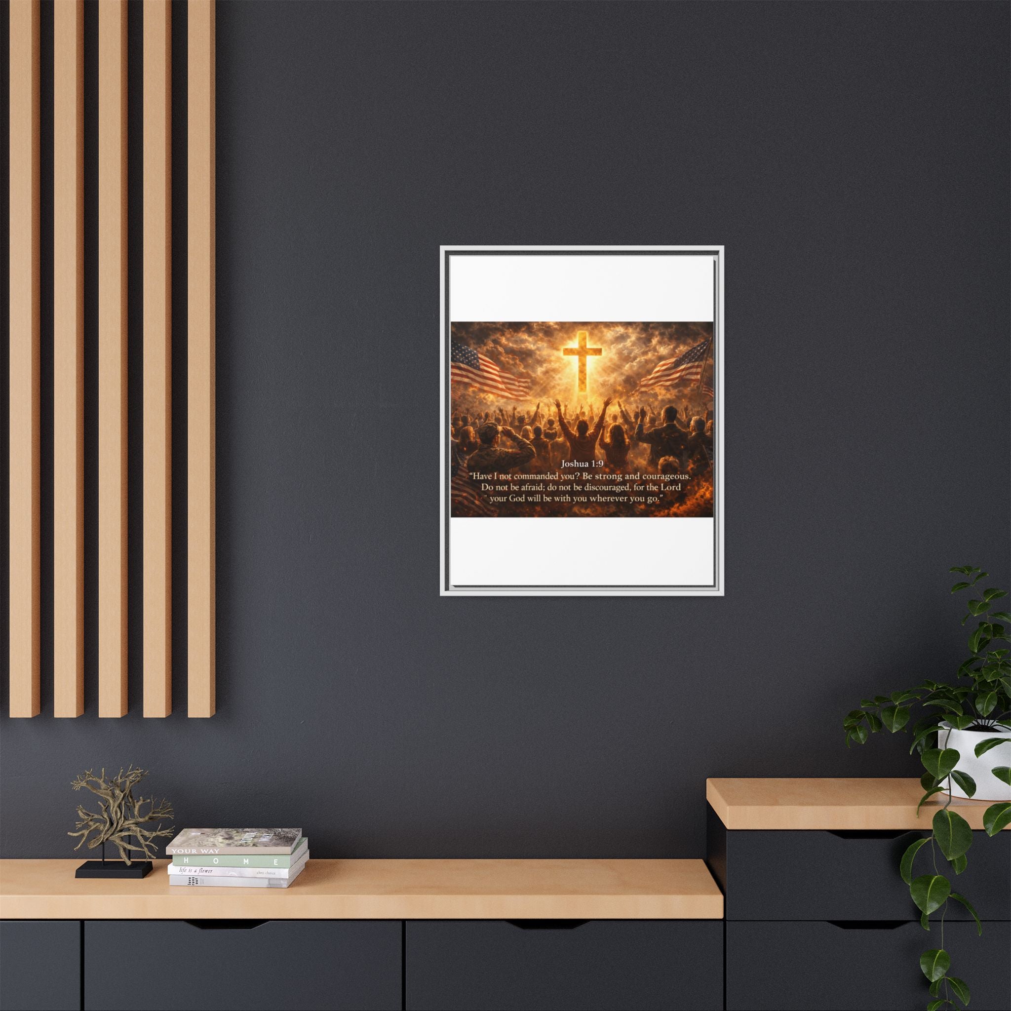 Framed Matte Canvas - Joshua 1:9 Christian Wall Art with Cross & Flags