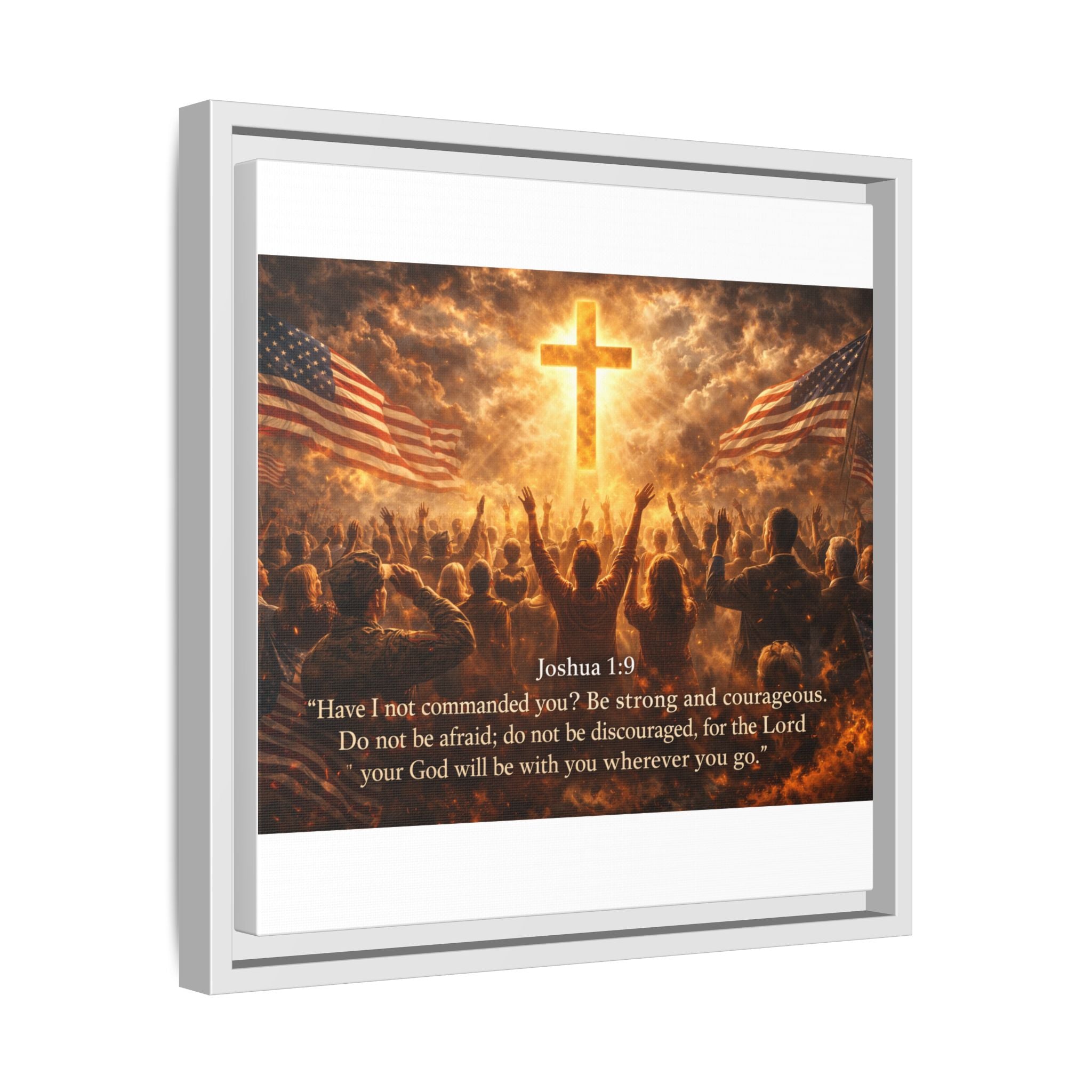 Framed Matte Canvas - Joshua 1:9 Christian Wall Art with Cross & Flags