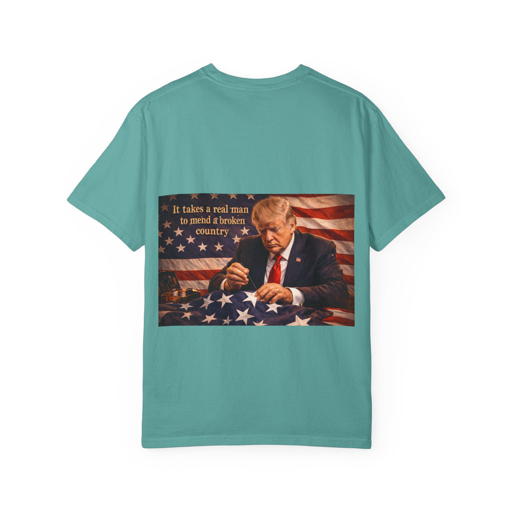 Patriotic Trump Portrait T-Shirt — “It takes a real man to mend a broken country”