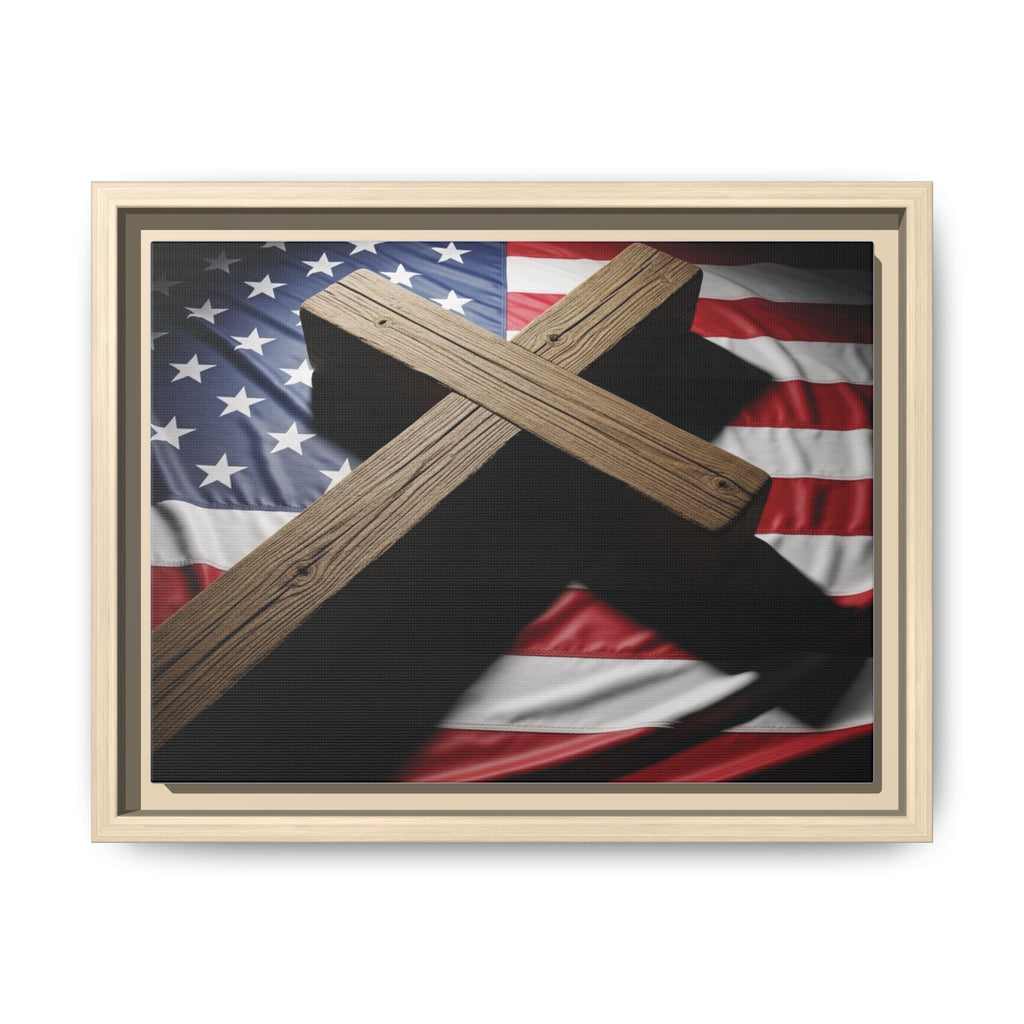 Patriotic Cross Matte Canvas Framed Wall Art — American Flag Christian Decor