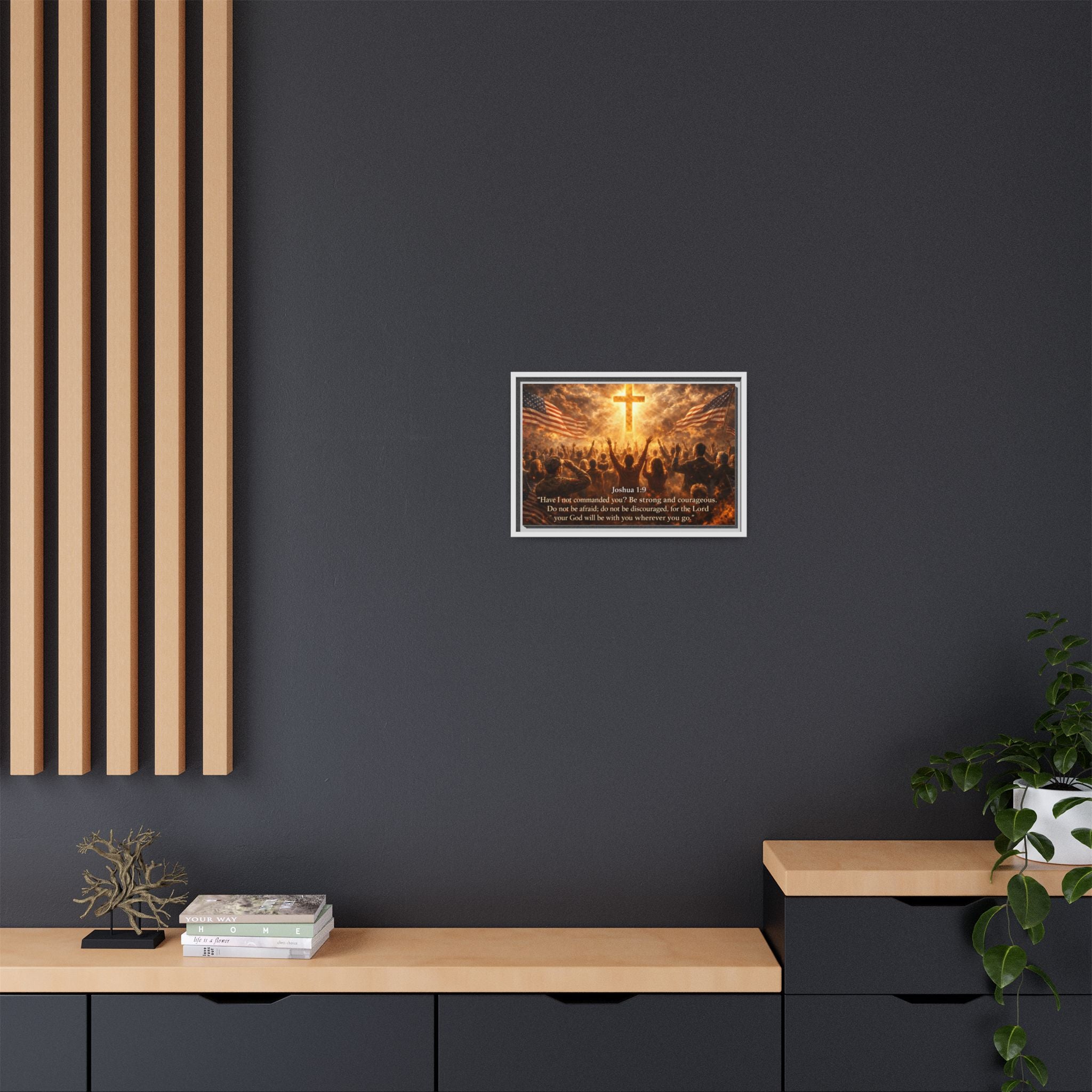 Framed Matte Canvas - Joshua 1:9 Christian Wall Art with Cross & Flags
