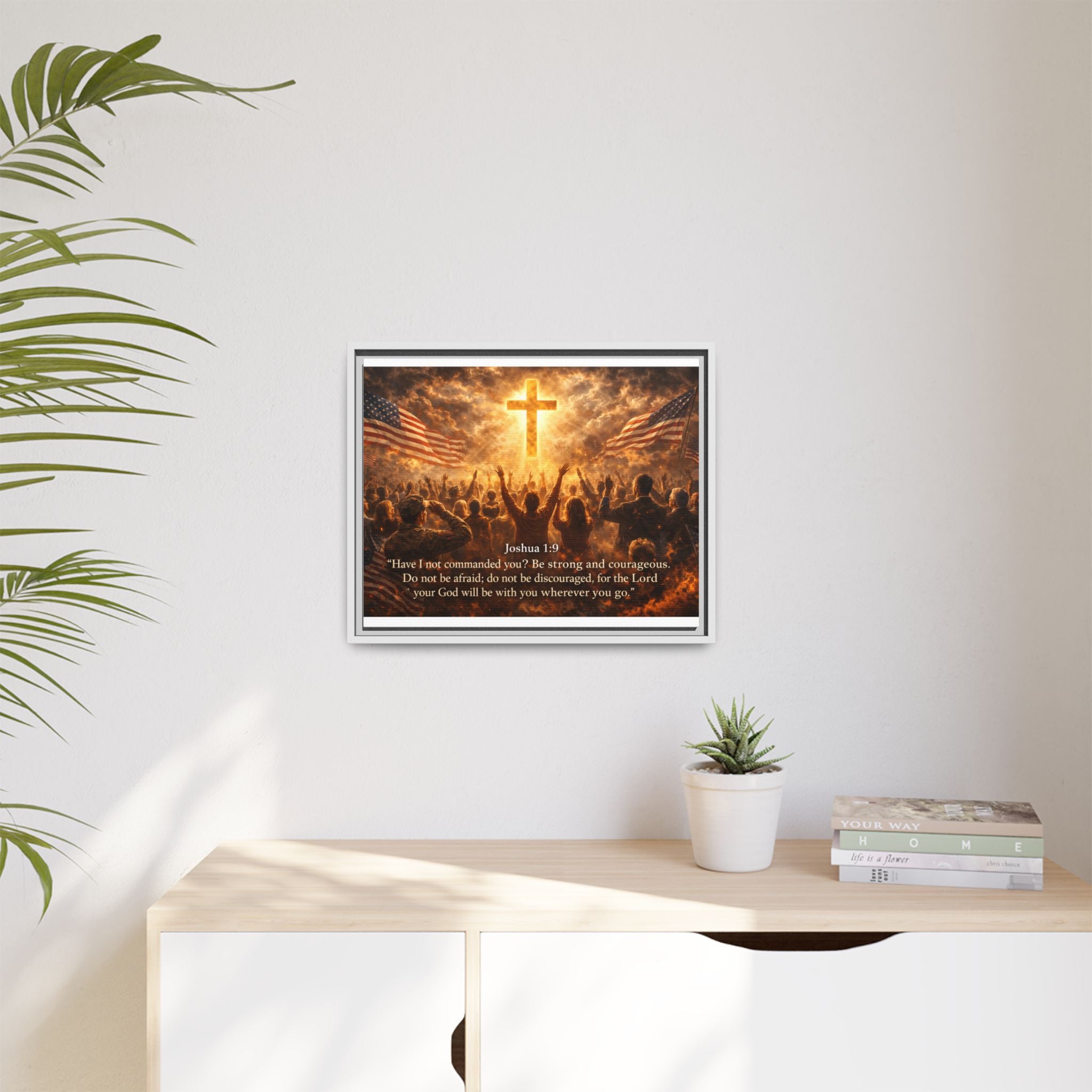 Framed Matte Canvas - Joshua 1:9 Christian Wall Art with Cross & Flags