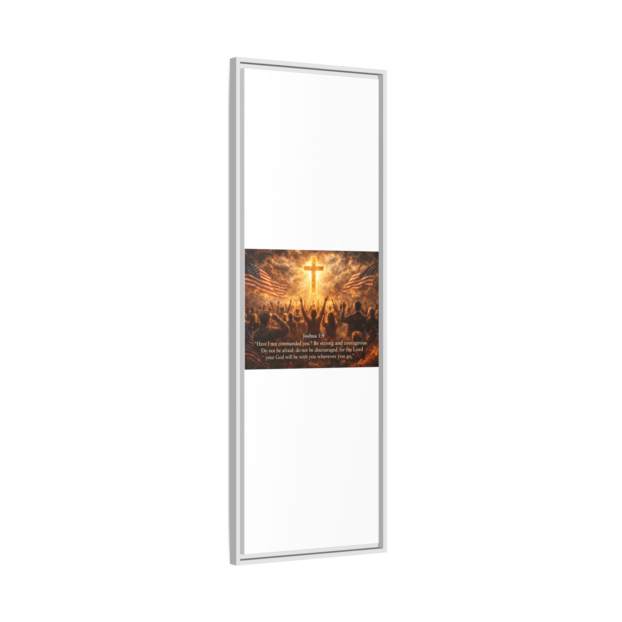 Framed Matte Canvas - Joshua 1:9 Christian Wall Art with Cross & Flags