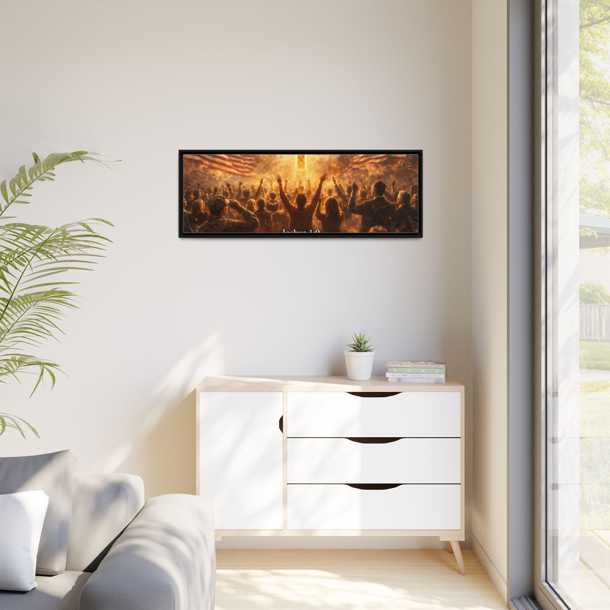 Framed Matte Canvas - Joshua 1:9 Christian Wall Art with Cross & Flags