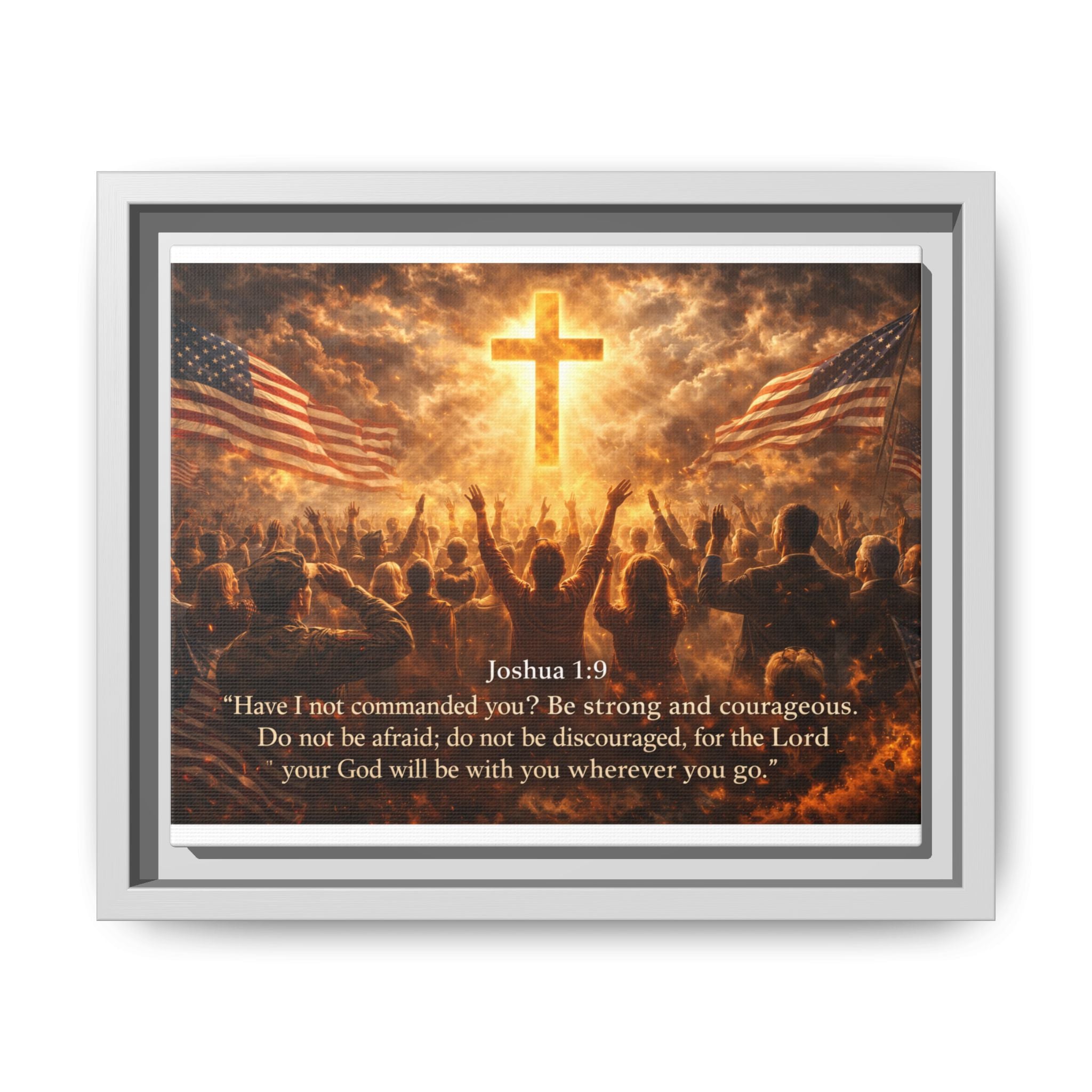 Framed Matte Canvas - Joshua 1:9 Christian Wall Art with Cross & Flags