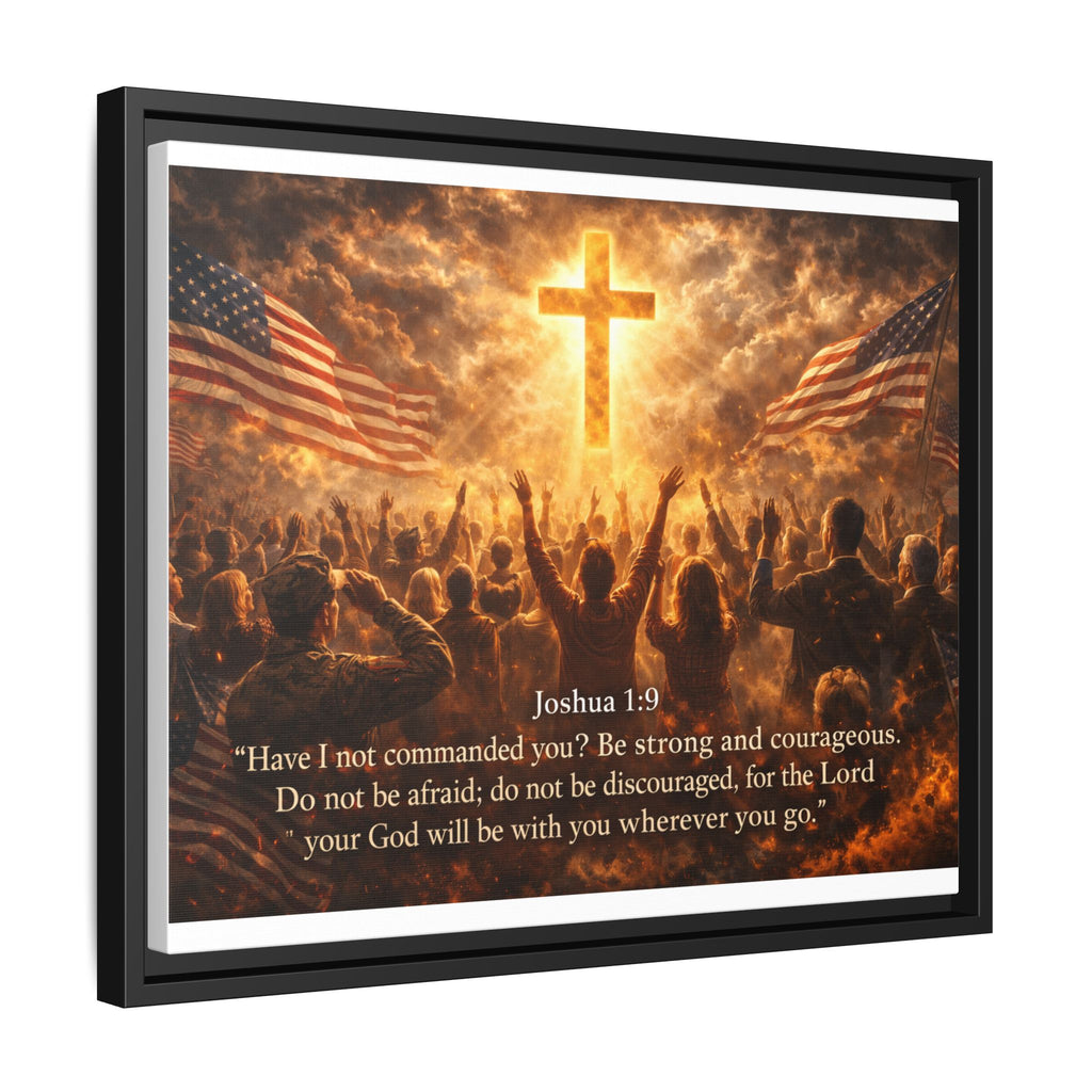 Framed Matte Canvas - Joshua 1:9 Christian Wall Art with Cross & Flags