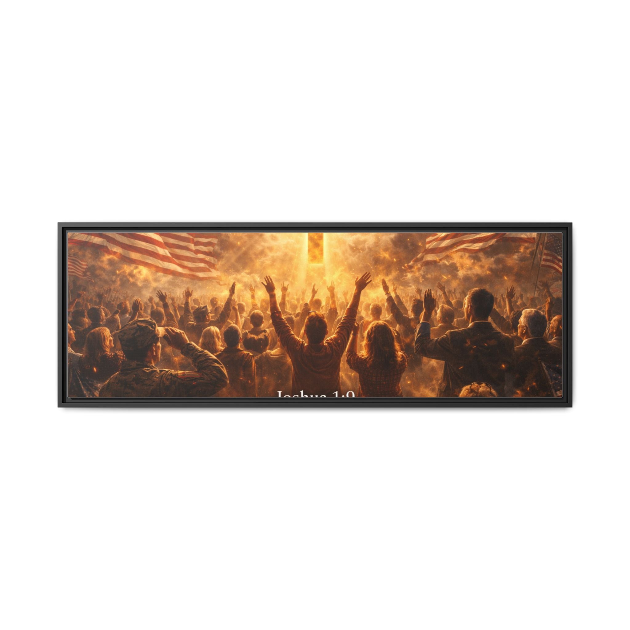 Framed Matte Canvas - Joshua 1:9 Christian Wall Art with Cross & Flags