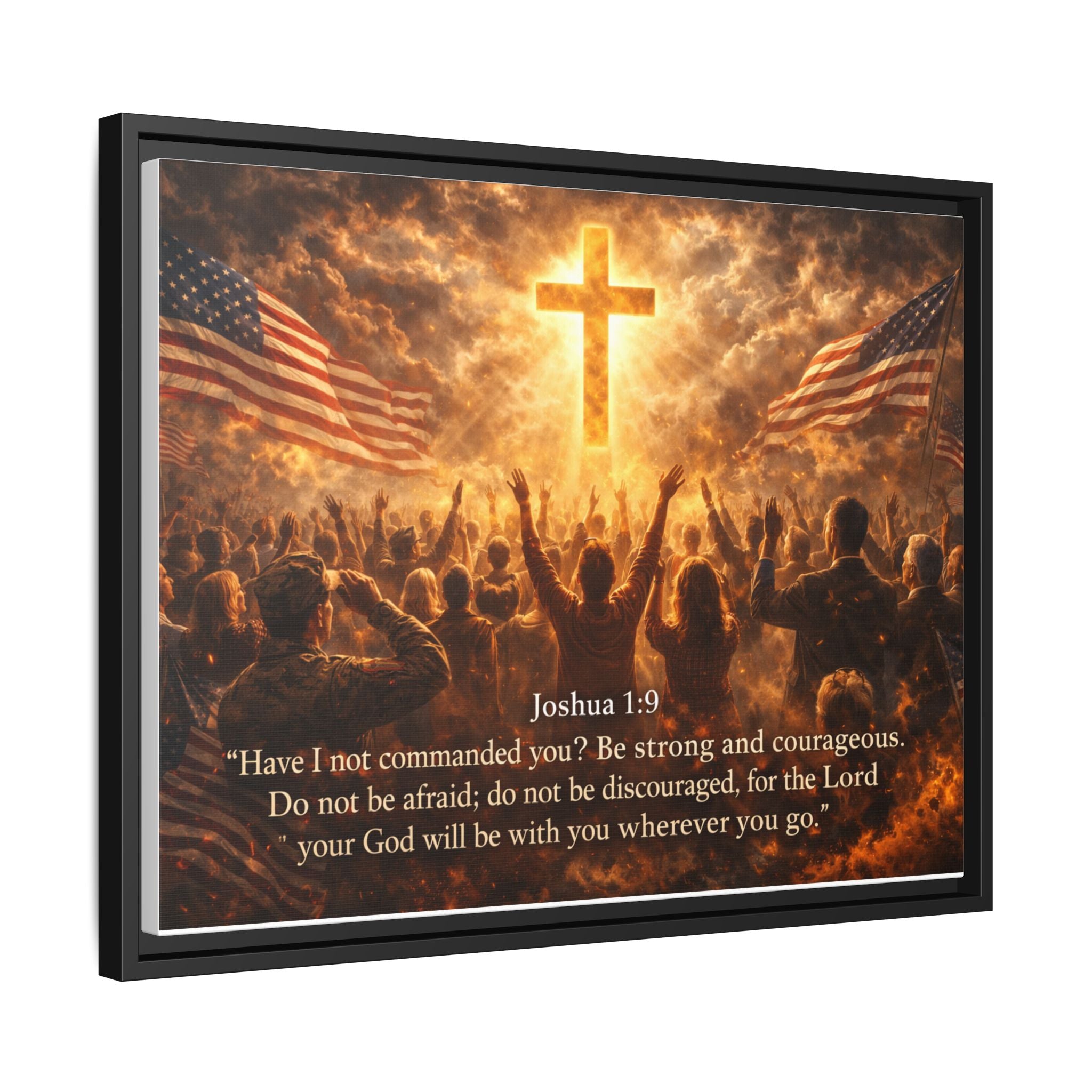 Framed Matte Canvas - Joshua 1:9 Christian Wall Art with Cross & Flags
