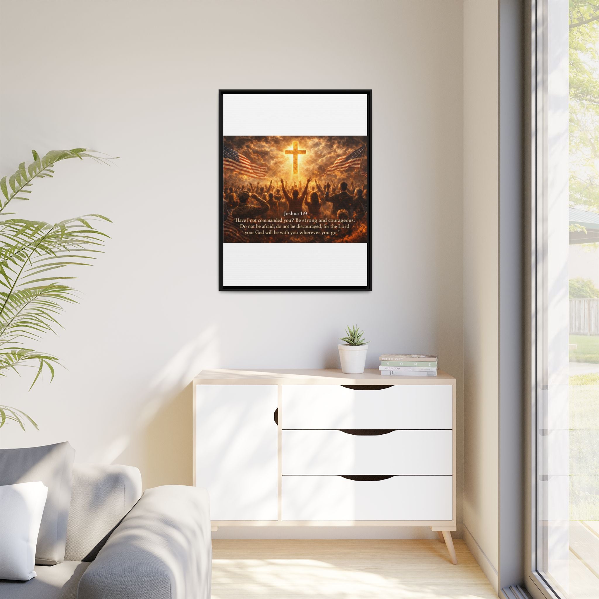 Framed Matte Canvas - Joshua 1:9 Christian Wall Art with Cross & Flags