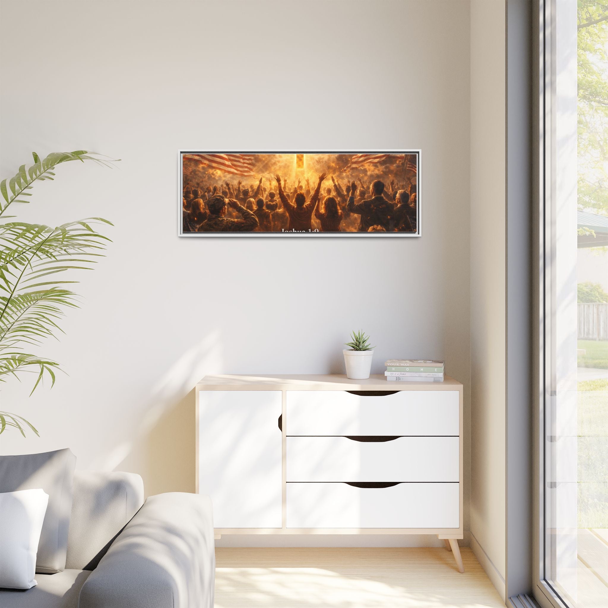 Framed Matte Canvas - Joshua 1:9 Christian Wall Art with Cross & Flags