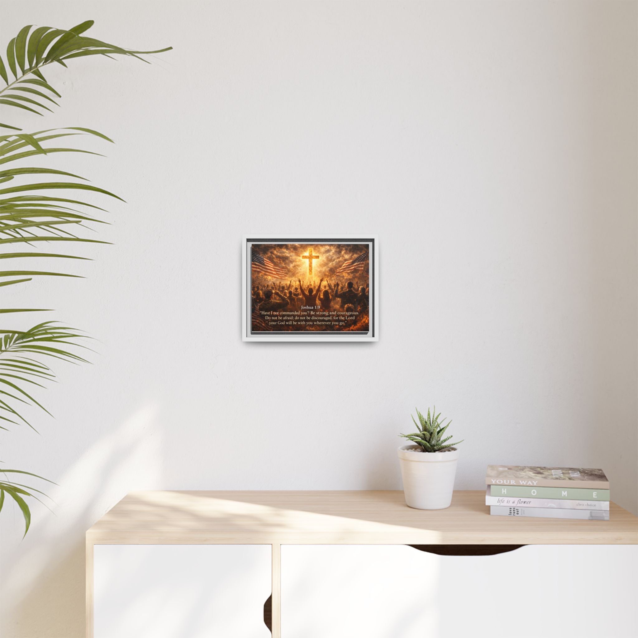 Framed Matte Canvas - Joshua 1:9 Christian Wall Art with Cross & Flags